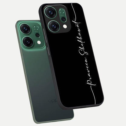  Black Tune Custom Name phone case For Oppo Reno 14 showing premium glass back cover with detailed artwork