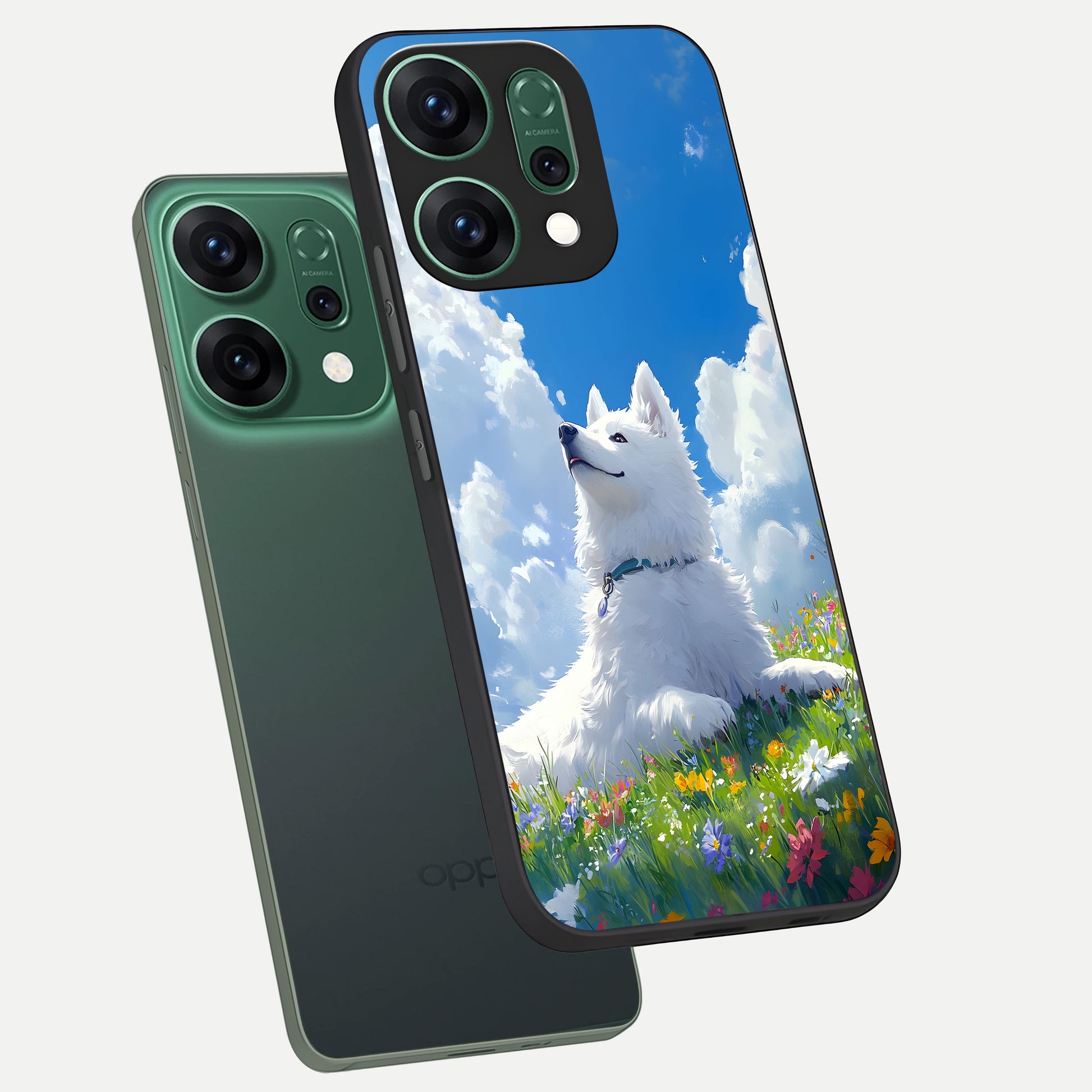  Blissful Cloud Pup phone case For Oppo Reno 14 showing premium glass back cover with detailed artwork