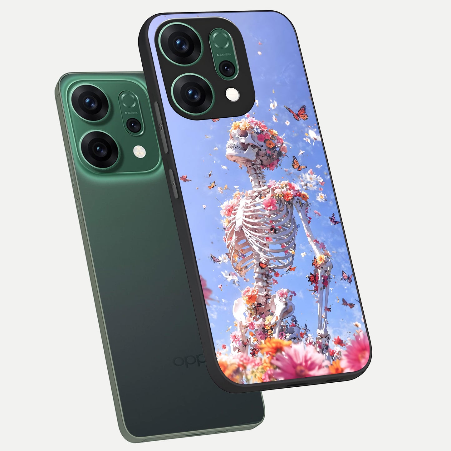  Bloom Beyond Bones phone case For Oppo Reno 14 showing premium glass back cover with detailed artwork