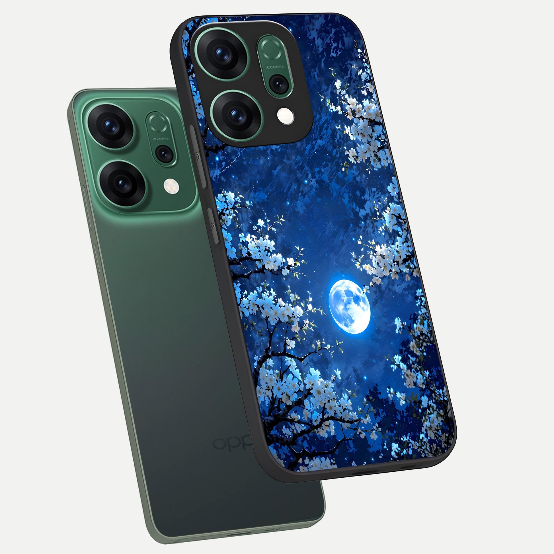  Blossom Moonlight Sky phone case For Oppo Reno 14 showing premium glass back cover with detailed artwork