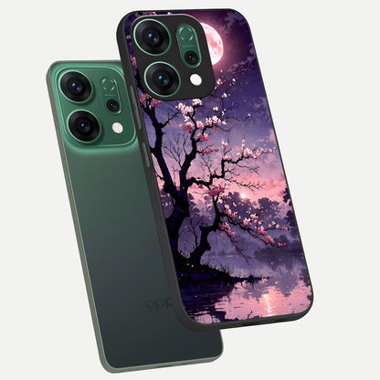  Blossom Pink Moon phone case For Oppo Reno 14 showing premium glass back cover with detailed artwork