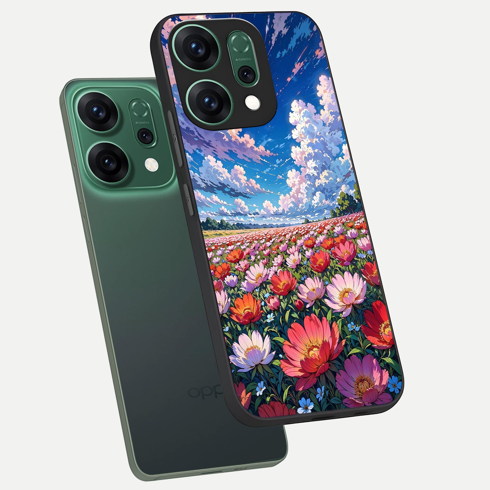  Blossom Sky Field phone case For Oppo Reno 14 showing premium glass back cover with detailed artwork
