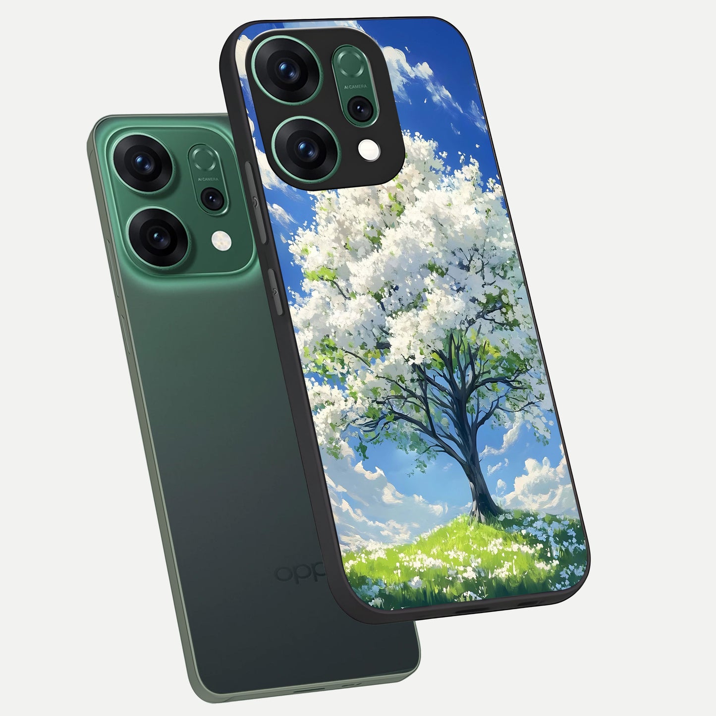  Blossom Sky Serenity phone case For Oppo Reno 14 showing premium glass back cover with detailed artwork
