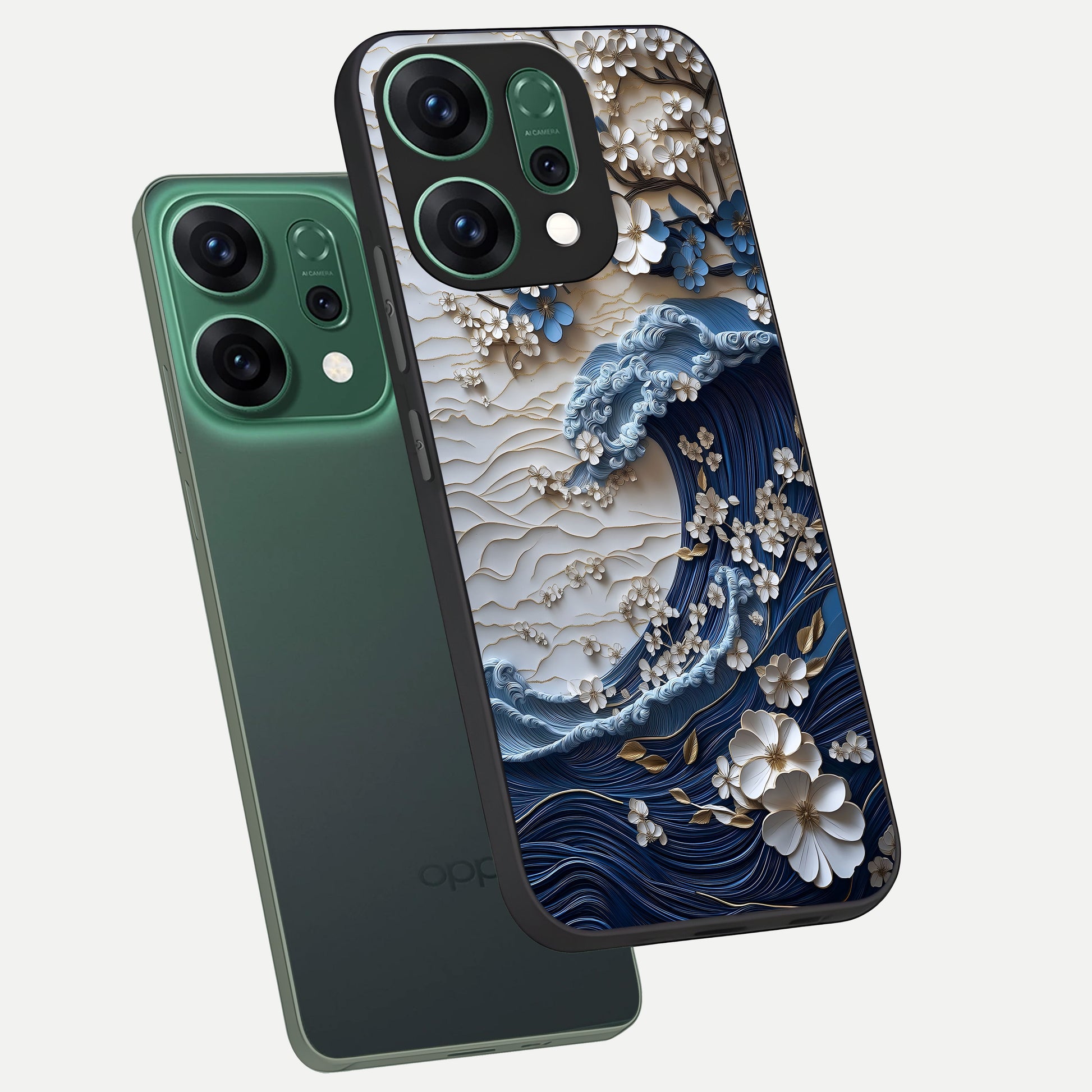  Blossom Wave Art phone case For Oppo Reno 14 showing premium glass back cover with detailed artwork