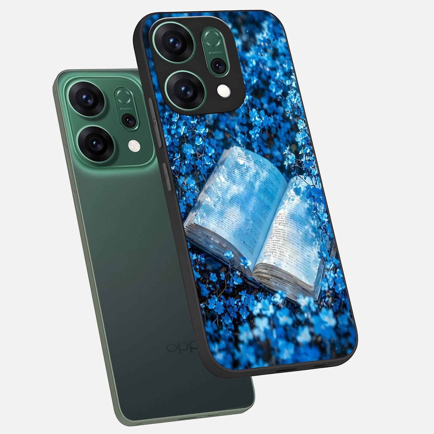  Blue Bloom Tales phone case For Oppo Reno 14 showing premium glass back cover with detailed artwork