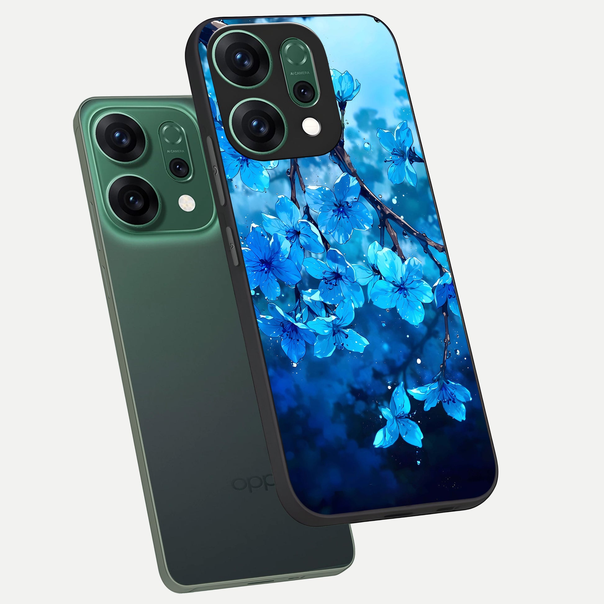  Blue Blossoms Branch phone case For Oppo Reno 14 showing premium glass back cover with detailed artwork