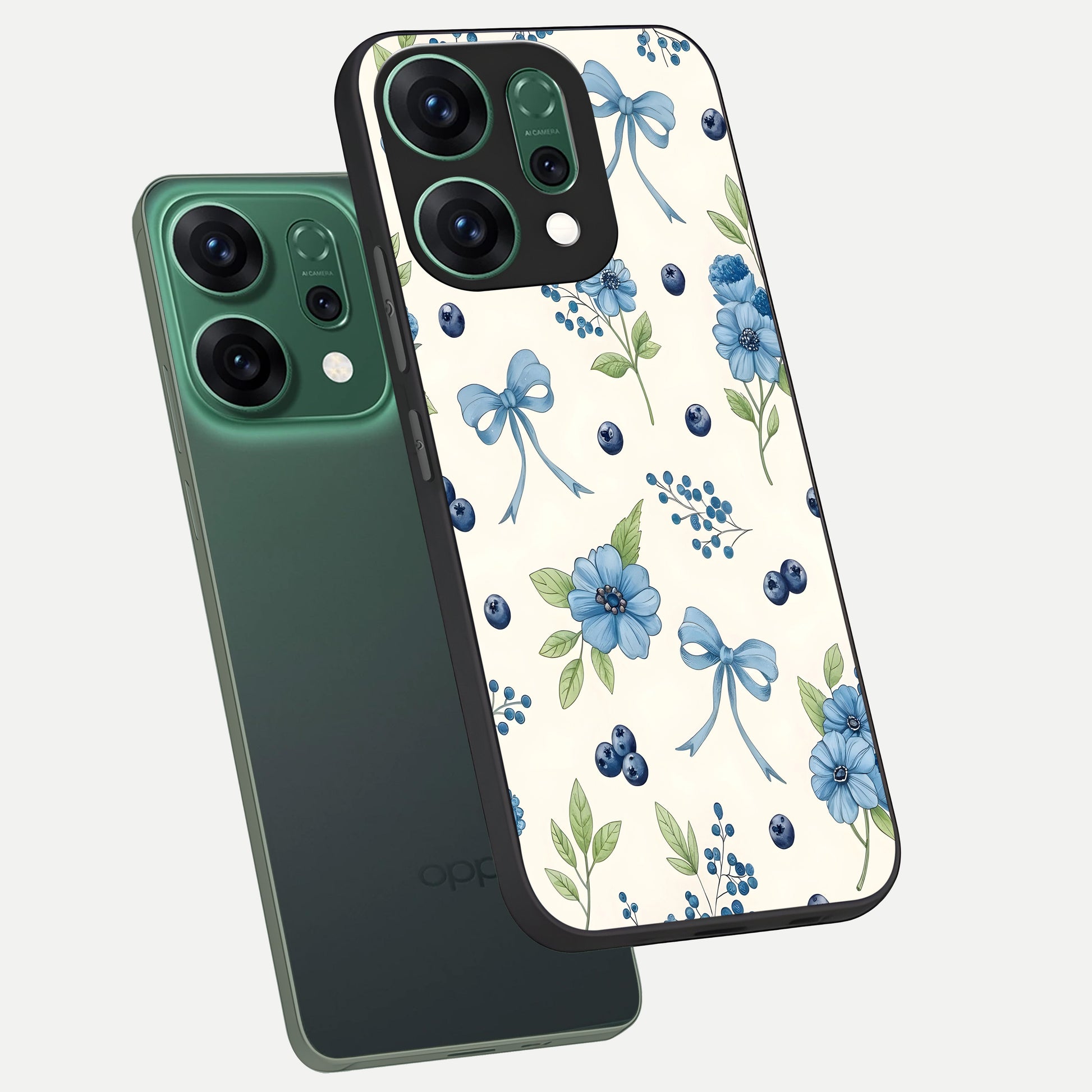  Blue Flower And Bow phone case For Oppo Reno 14 showing premium glass back cover with detailed artwork