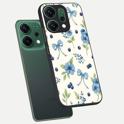  Blue Flower And Bow phone case For Oppo Reno 14 showing premium glass back cover with detailed artwork