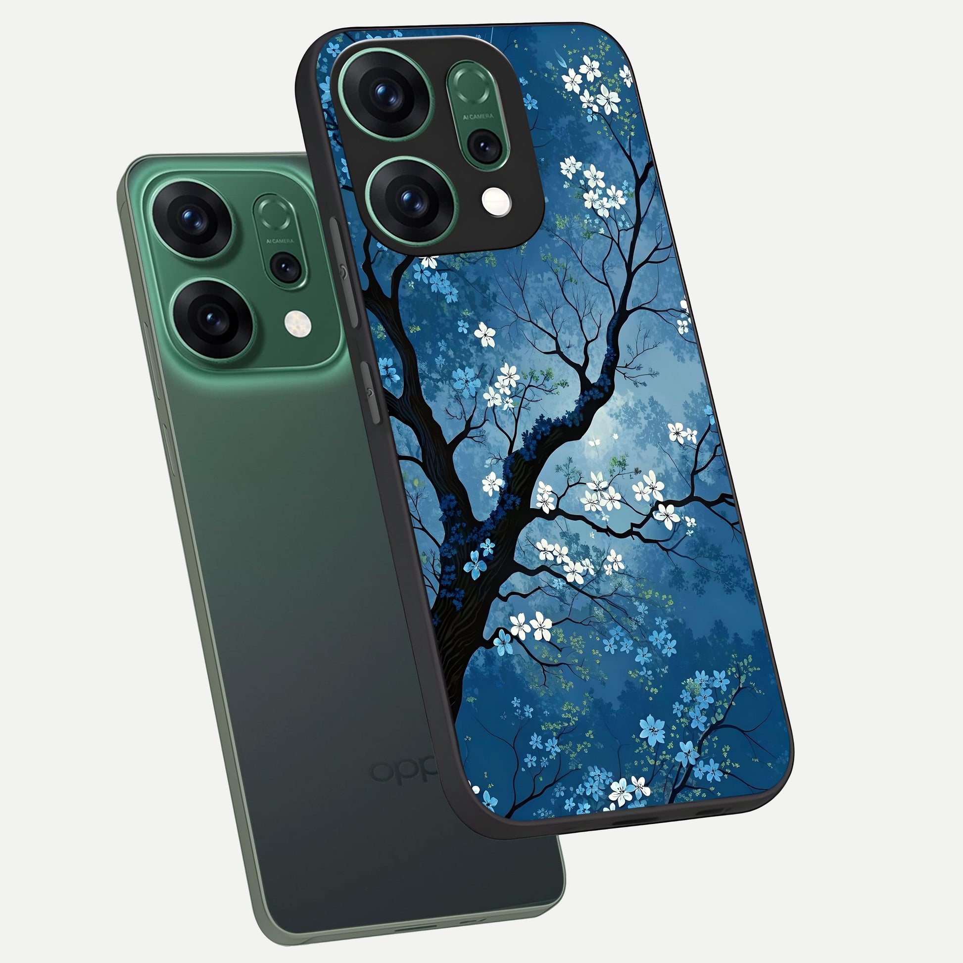  Blue Tree Serenity phone case For Oppo Reno 14 showing premium glass back cover with detailed artwork
