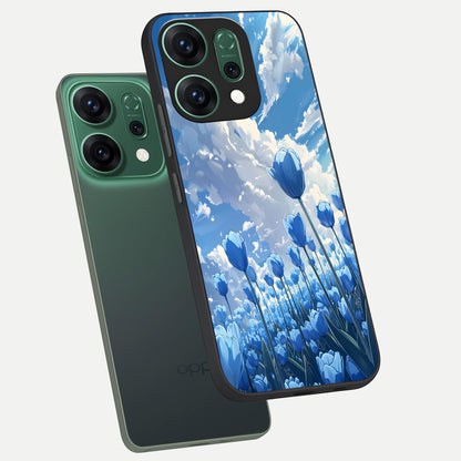  Blue Tulip Clouds phone case For Oppo Reno 14 showing premium glass back cover with detailed artwork
