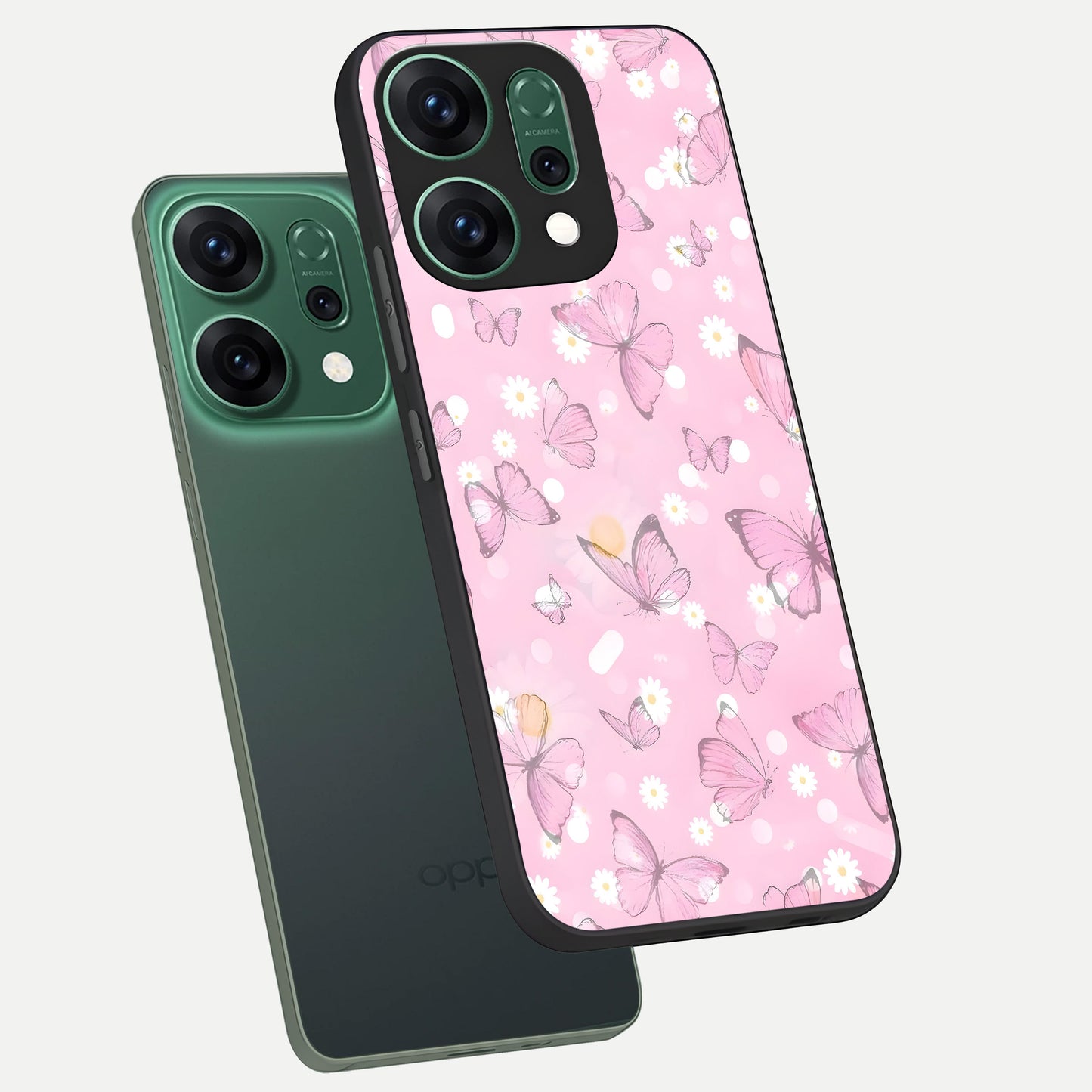  Blush Butterfly Garden phone case For Oppo Reno 14 showing premium glass back cover with detailed artwork