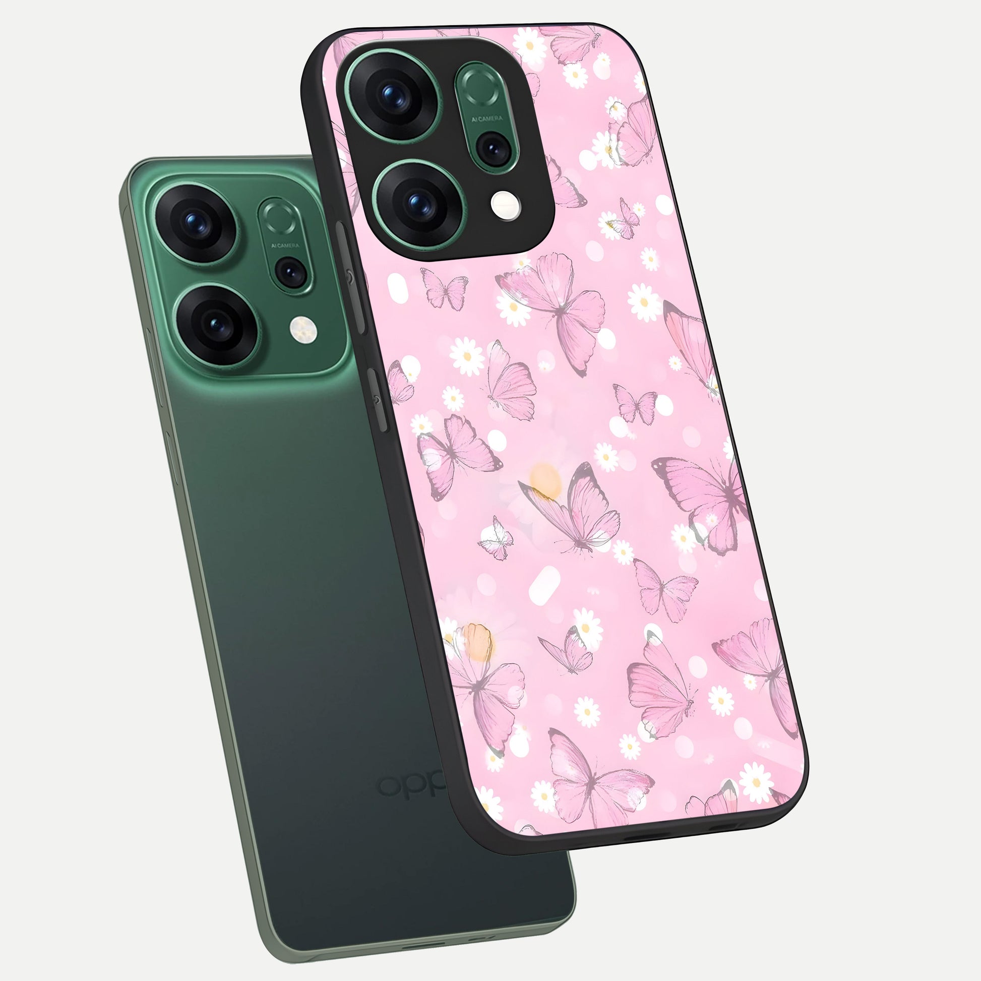  Blush Butterfly Garden phone case For Oppo Reno 14 showing premium glass back cover with detailed artwork