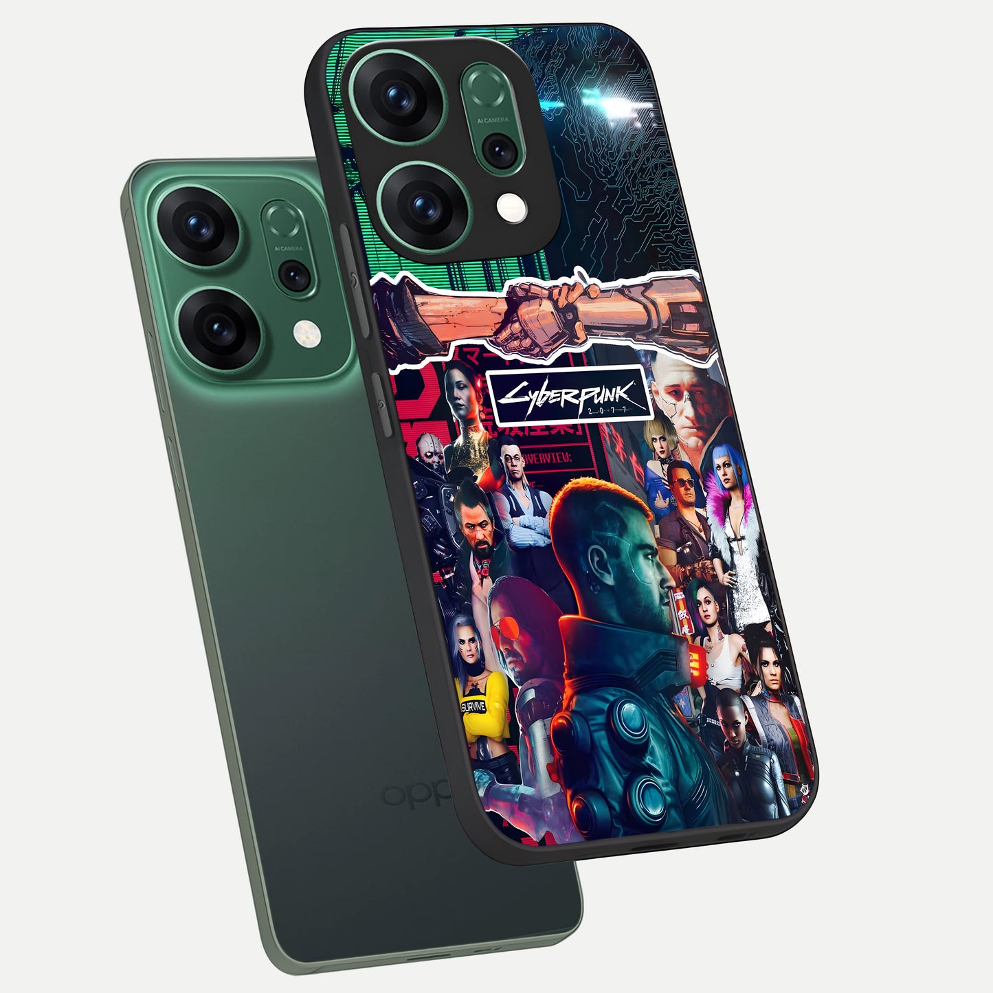  CYBERPUNK Legacy phone case For Oppo Reno 14 showing premium glass back cover with detailed artwork