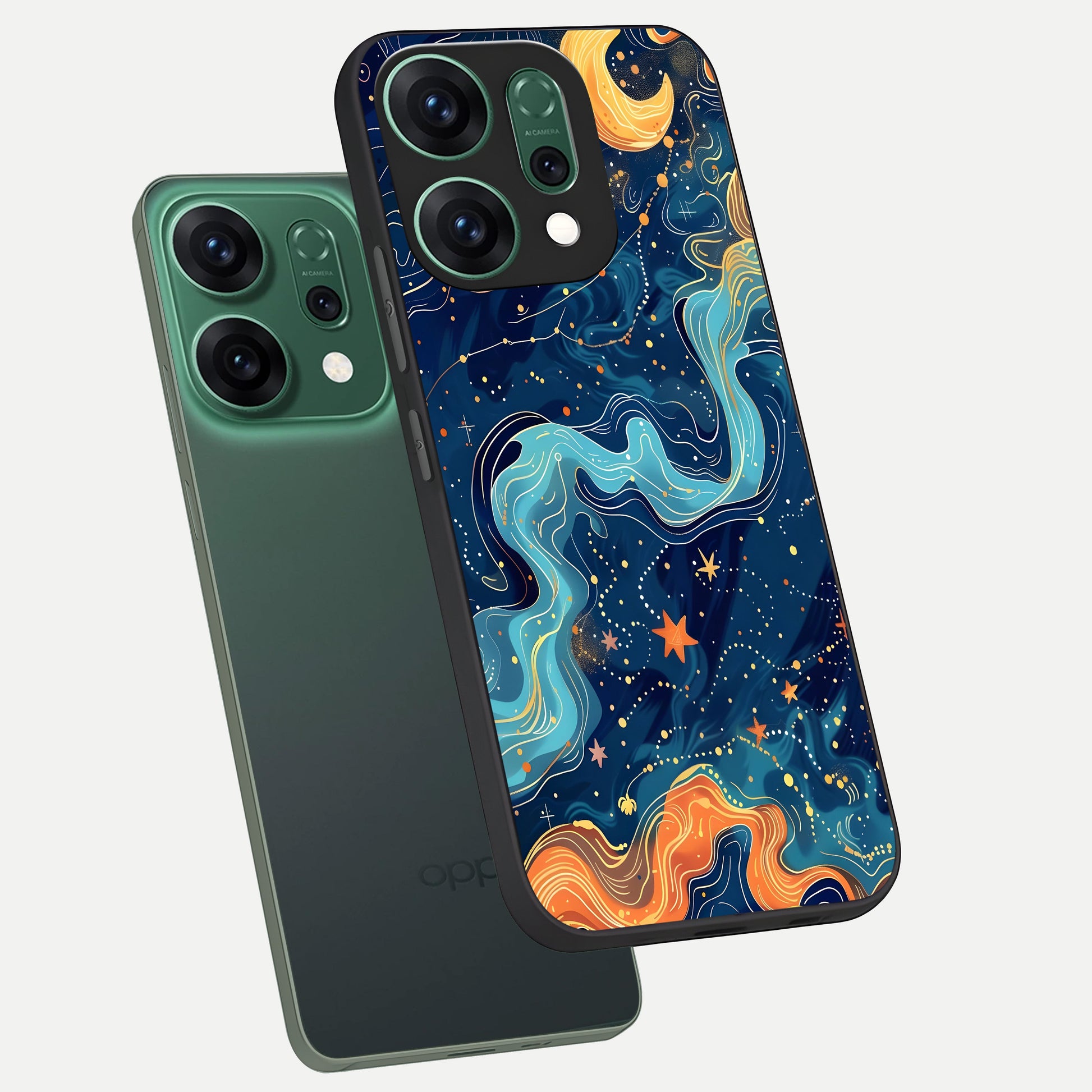  Celestial Dream Flow phone case For Oppo Reno 14 showing premium glass back cover with detailed artwork