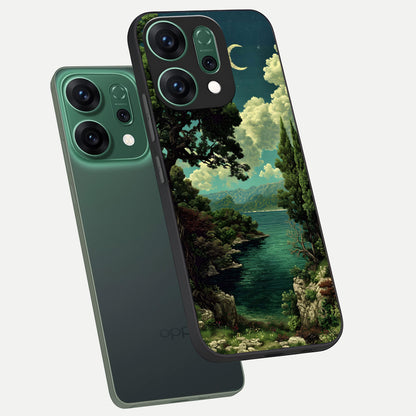  Celestial Lake Peace phone case For Oppo Reno 14 showing premium glass back cover with detailed artwork