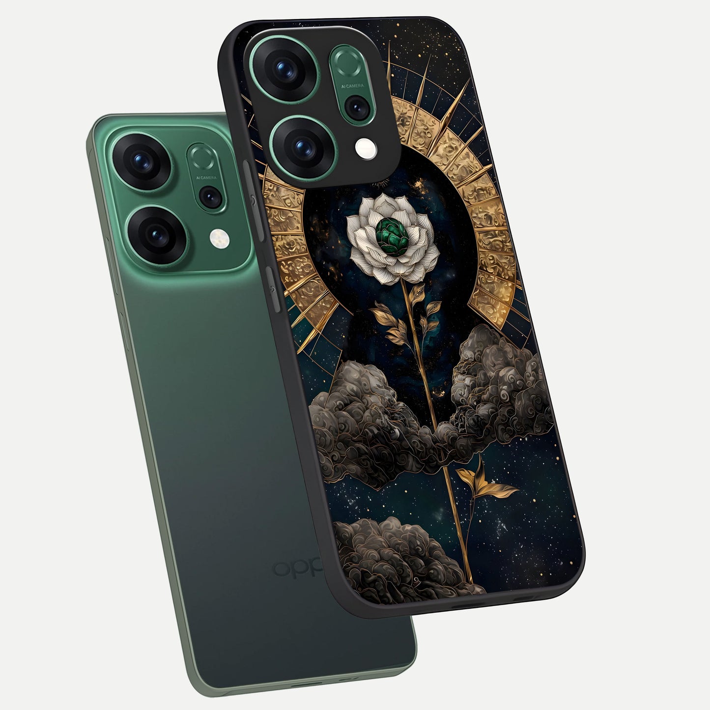  Celestial Lotus Morang phone case For Oppo Reno 14 showing premium glass back cover with detailed artwork