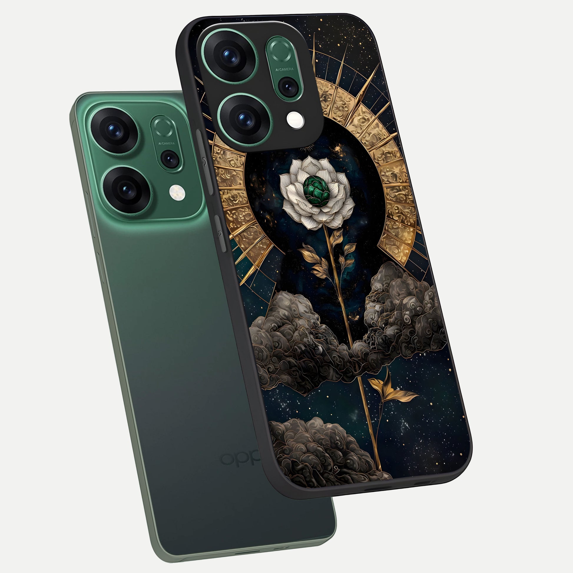  Celestial Lotus Morang phone case For Oppo Reno 14 showing premium glass back cover with detailed artwork