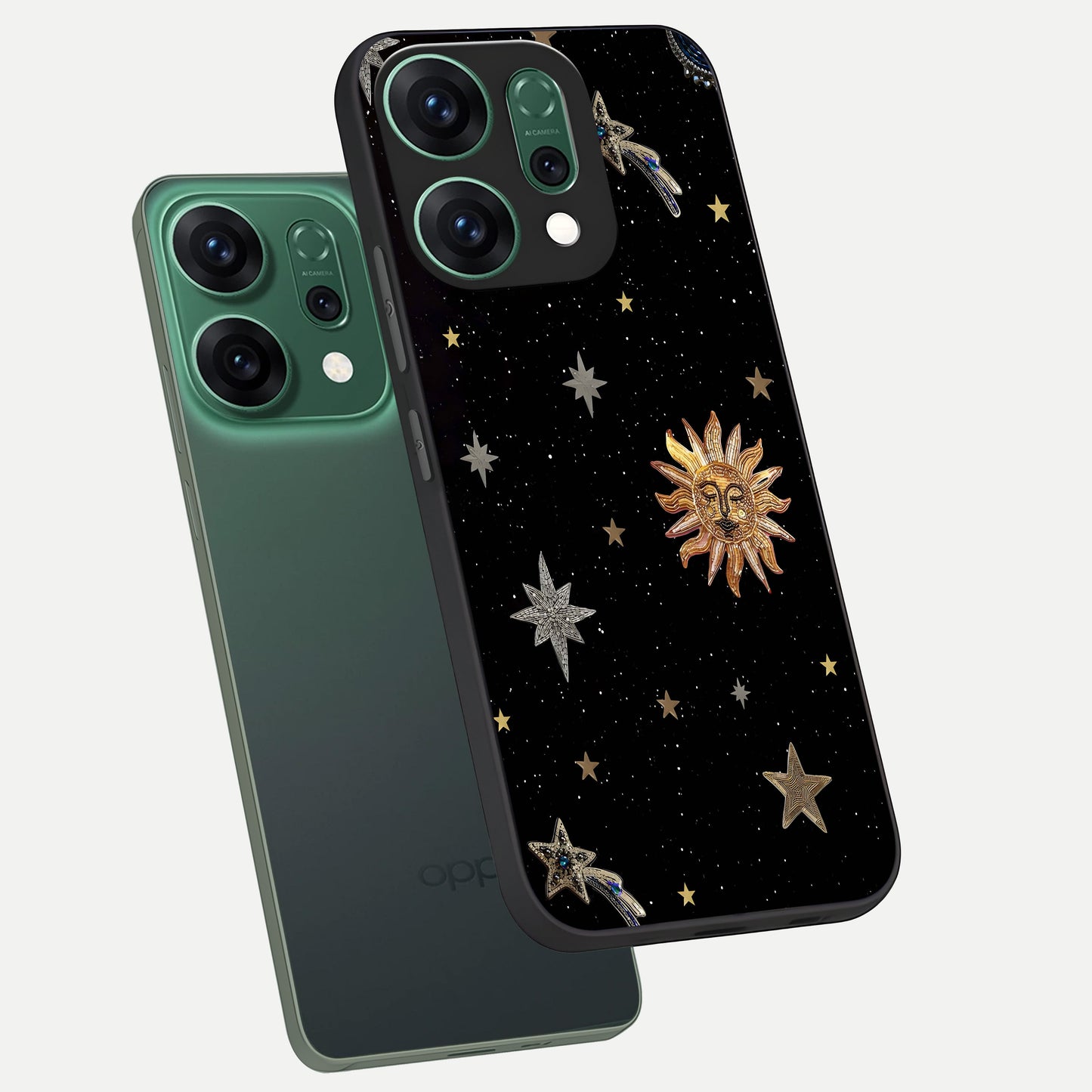  Celestial Moon With Stars phone case For Oppo Reno 14 showing premium glass back cover with detailed artwork