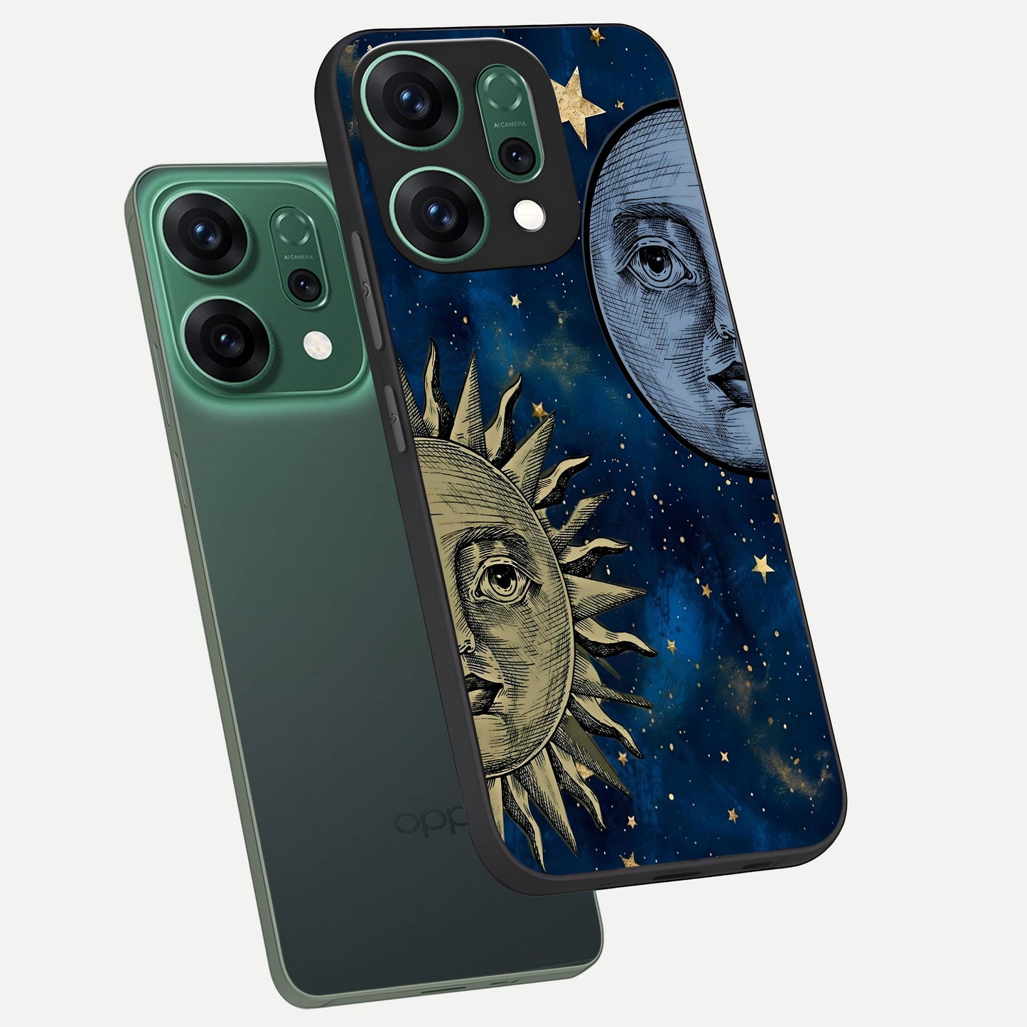 Celestial Moon With Sun phone case For Oppo Reno 14 showing premium glass back cover with detailed artwork