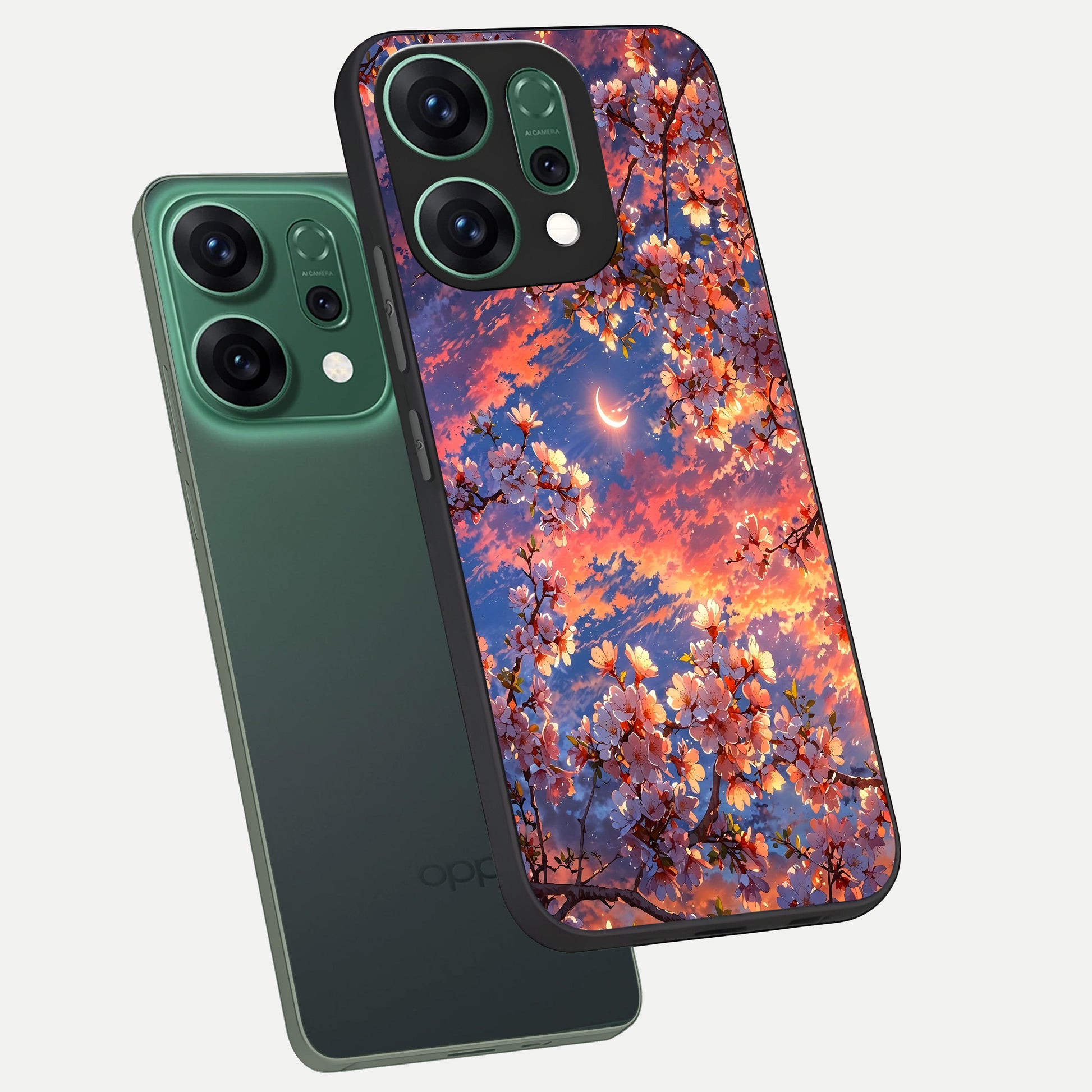  Celestial Sakura Sunset phone case For Oppo Reno 14 showing premium glass back cover with detailed artwork