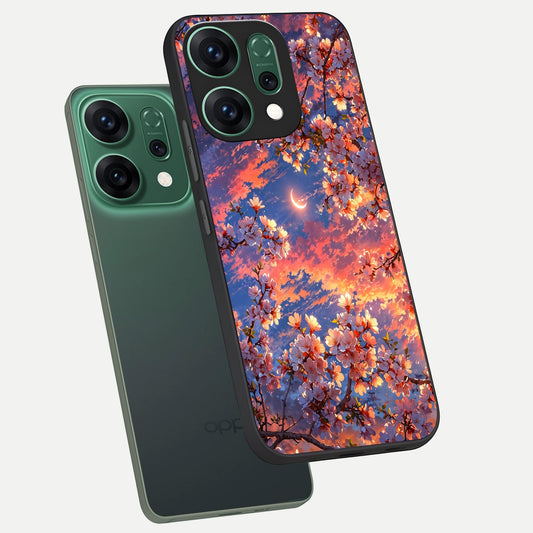  Celestial Sakura Sunset phone case For Oppo Reno 14 showing premium glass back cover with detailed artwork