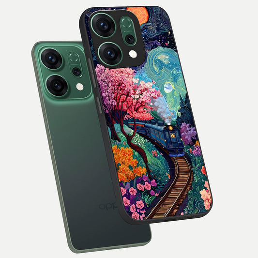  Celestial Train Journey phone case For Oppo Reno 14 showing premium glass back cover with detailed artwork