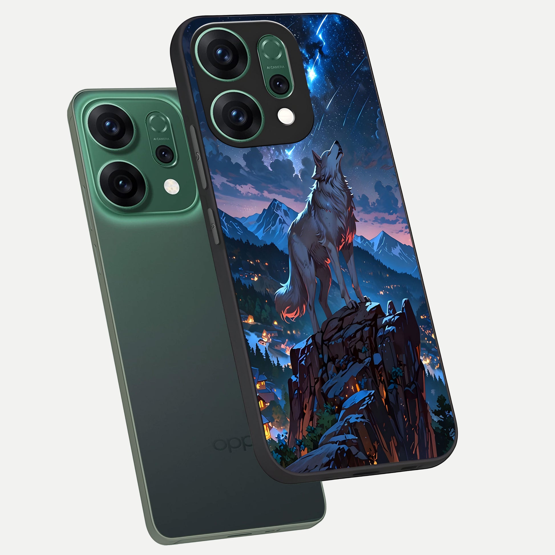  Celestial Wolf Howl phone case For Oppo Reno 14 showing premium glass back cover with detailed artwork