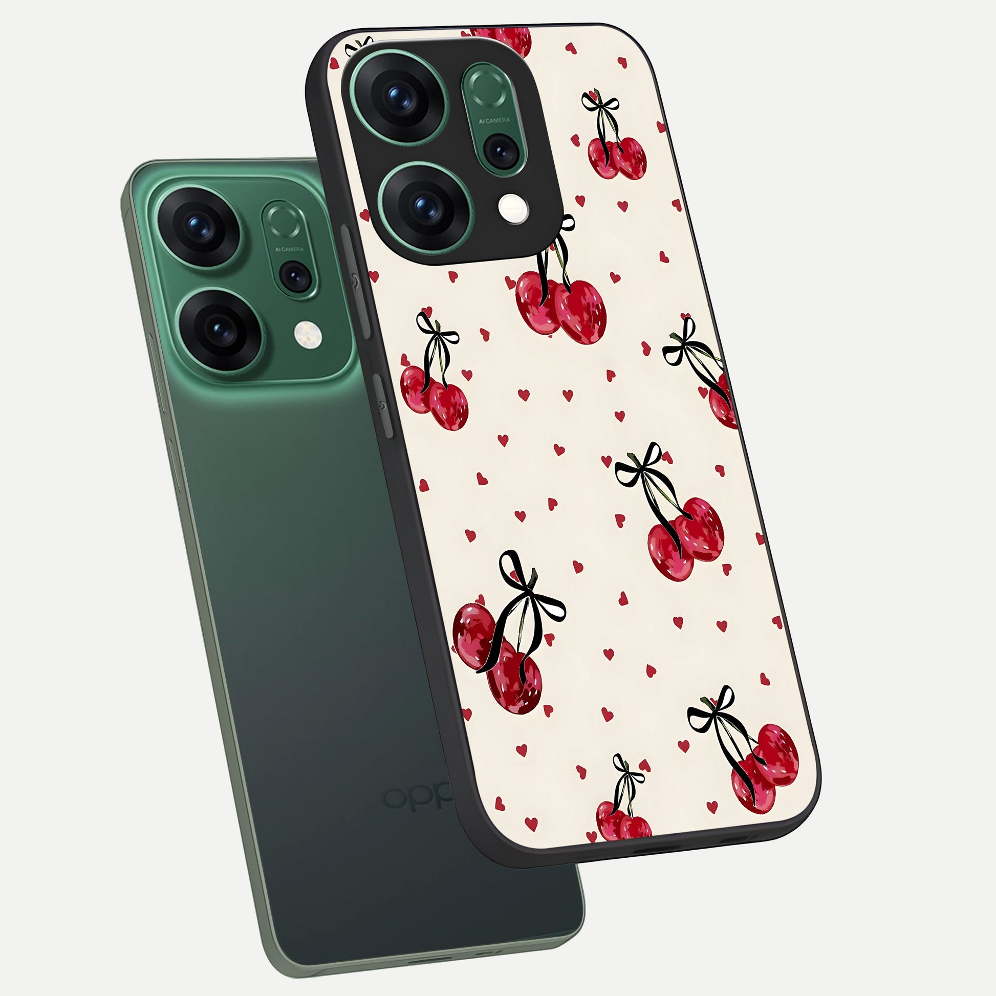  Cherry Heart Bow phone case For Oppo Reno 14 showing premium glass back cover with detailed artwork