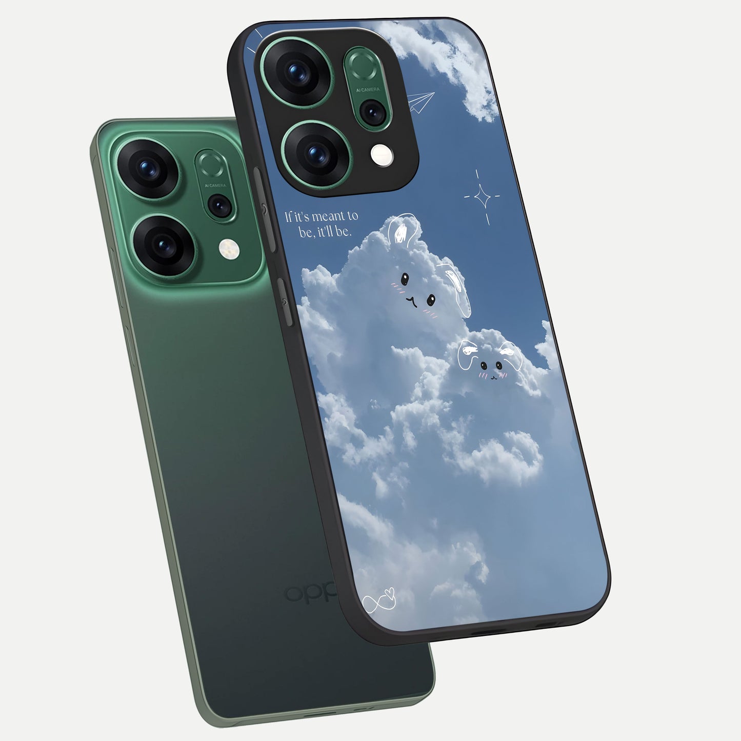  Cloud Bunny Dreams phone case For Oppo Reno 14 showing premium glass back cover with detailed artwork