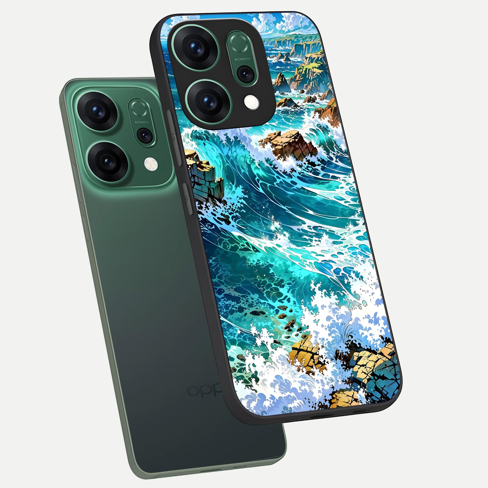  Coastal Blue Waves phone case For Oppo Reno 14 showing premium glass back cover with detailed artwork