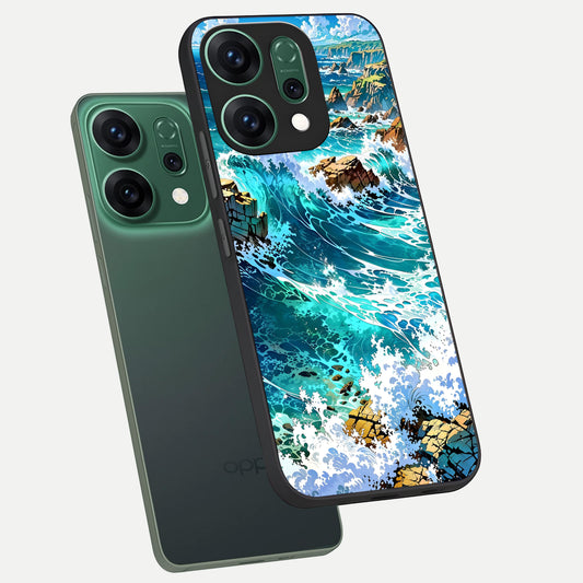  Coastal Blue Waves phone case For Oppo Reno 14 showing premium glass back cover with detailed artwork
