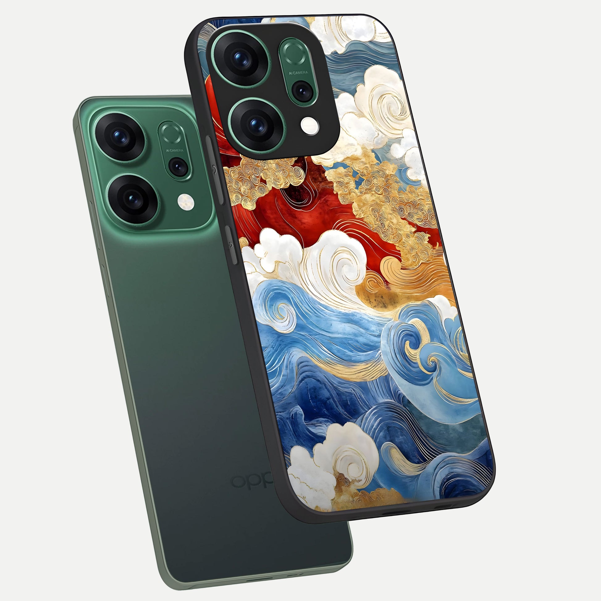 Colored Waves phone case For Oppo Reno 14 showing premium glass back cover with detailed artwork