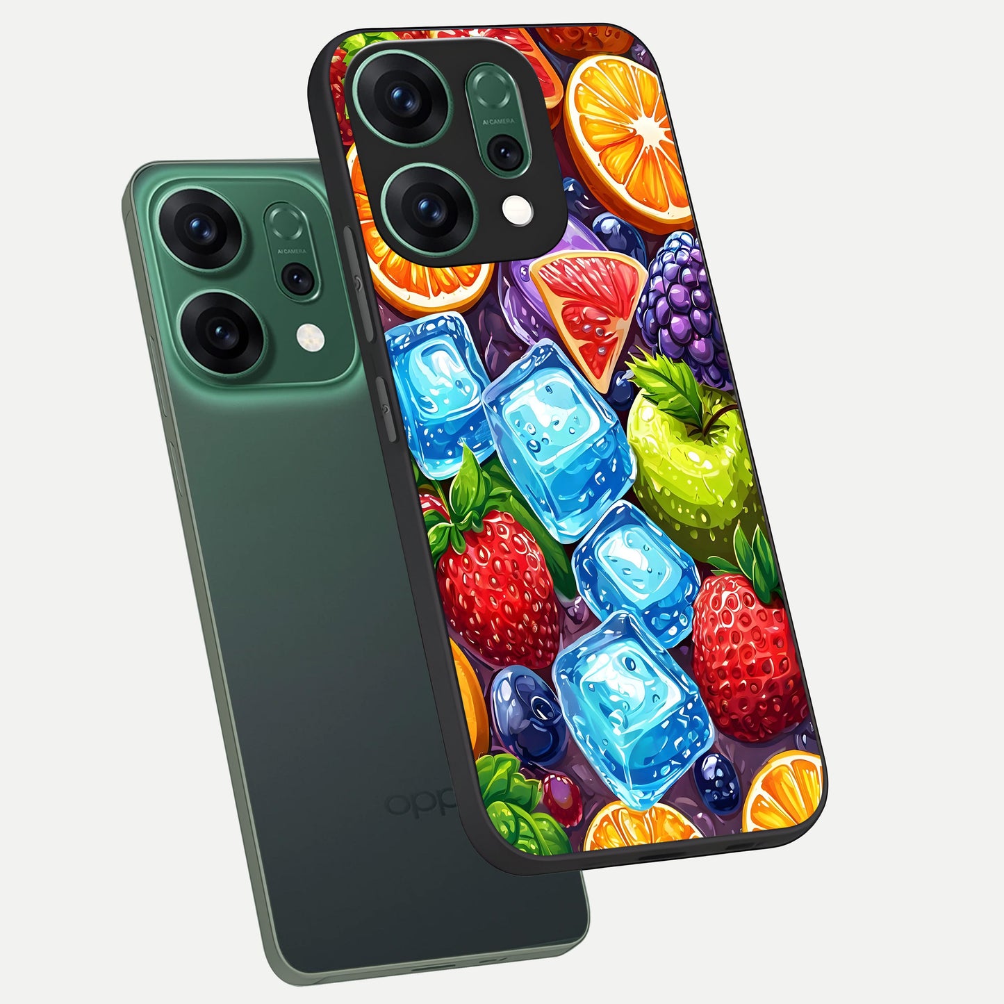  Colorful Fruits with Ice phone case For Oppo Reno 14 showing premium glass back cover with detailed artwork
