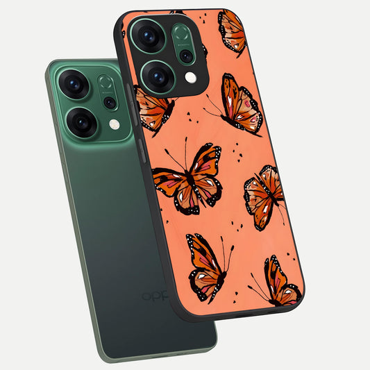  Coral Wing Butterfly phone case For Oppo Reno 14 showing premium glass back cover with detailed artwork