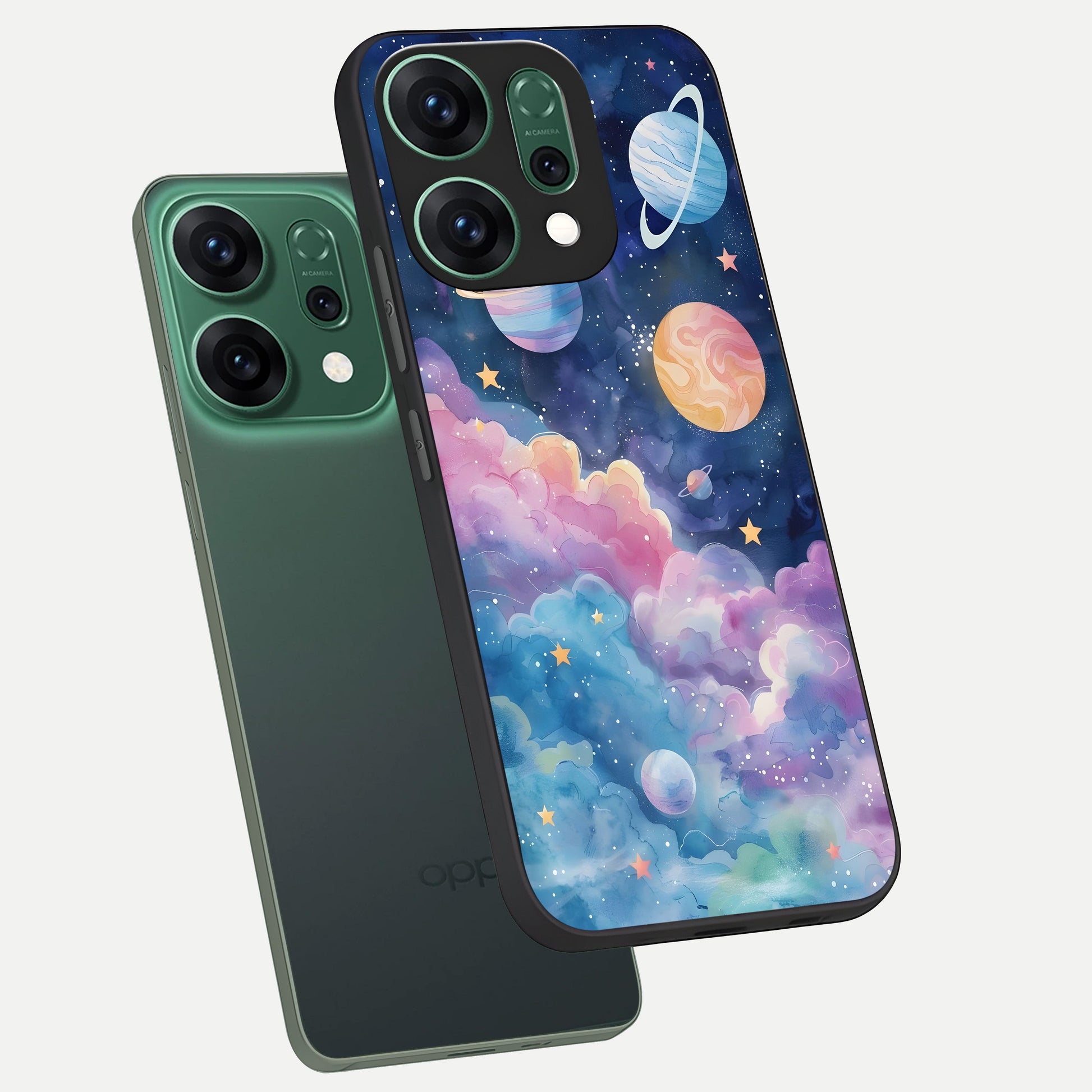  Cosmic Planet Dreams phone case For Oppo Reno 14 showing premium glass back cover with detailed artwork