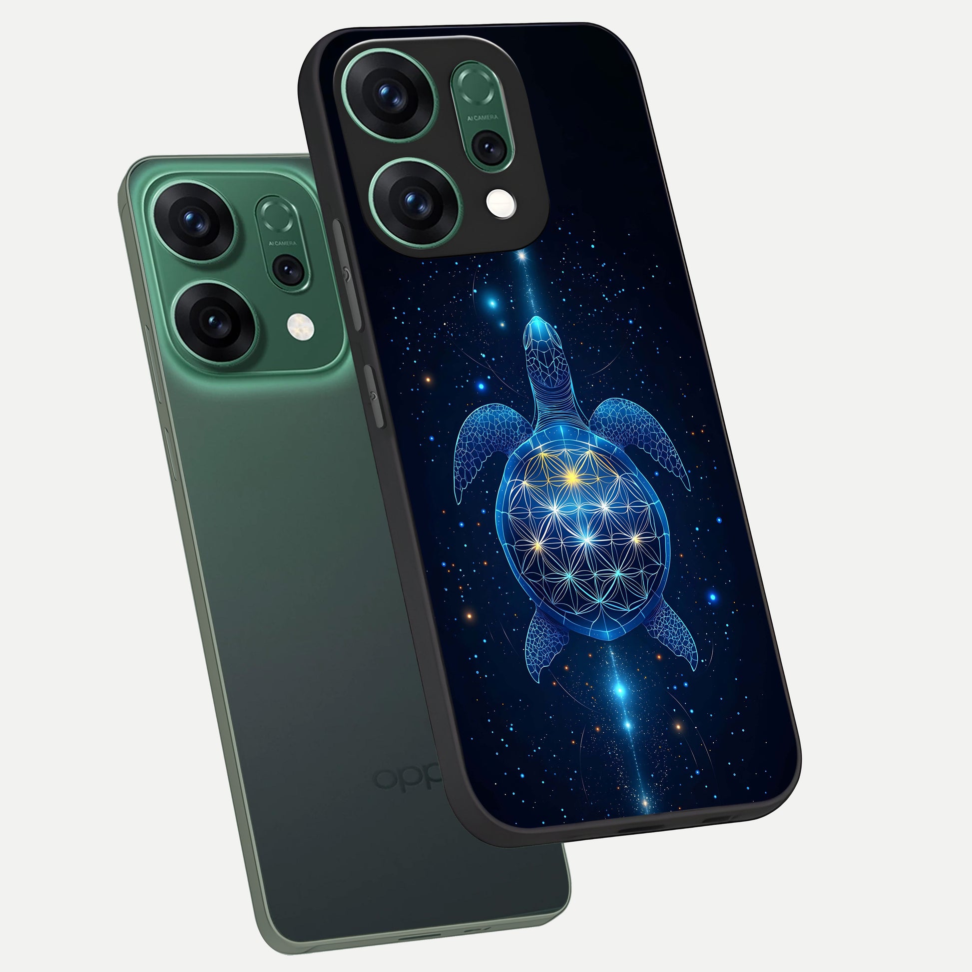  Crimson Blue Turtle phone case For Oppo Reno 14 showing premium glass back cover with detailed artwork