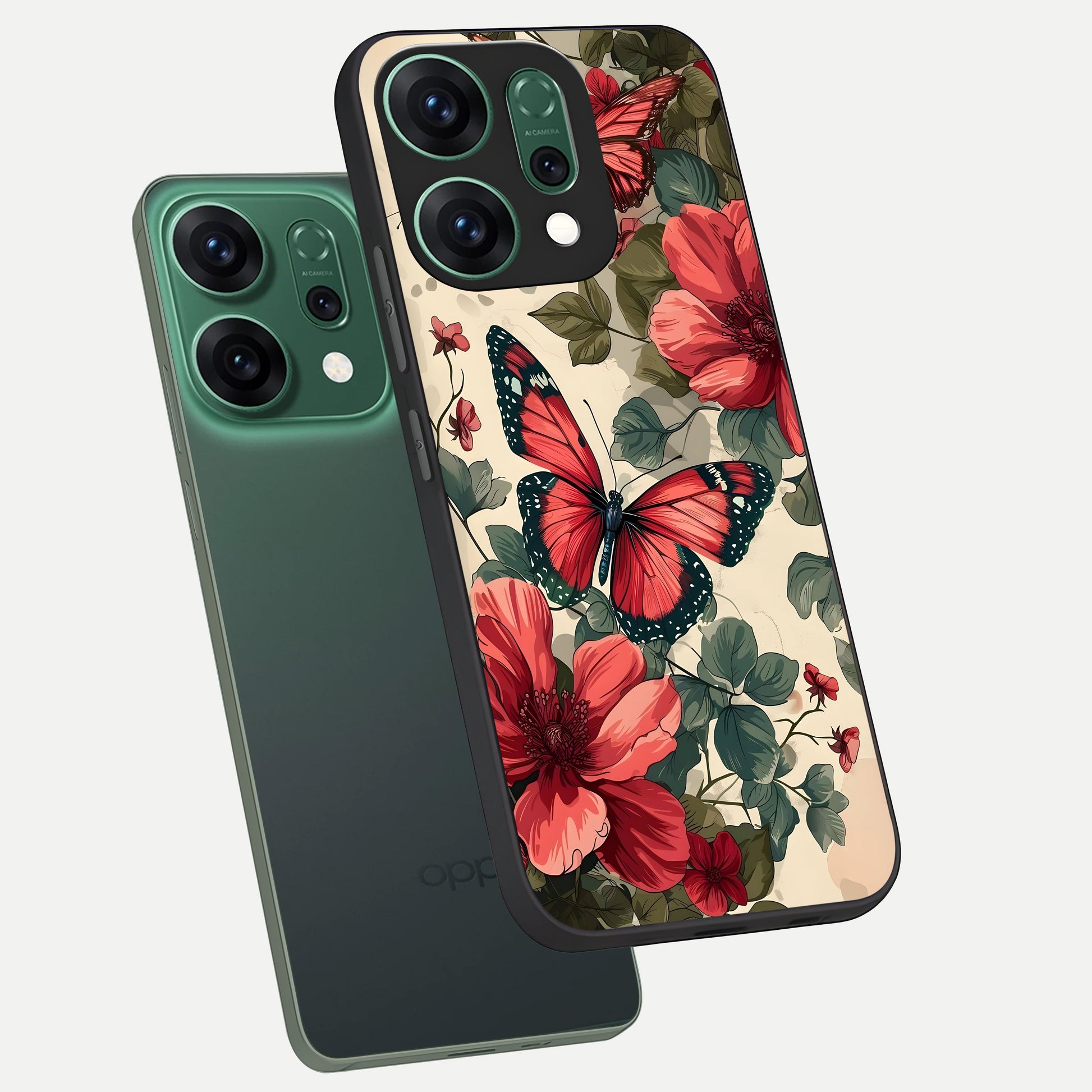  Crimson Butterfly Garden phone case For Oppo Reno 14 showing premium glass back cover with detailed artwork