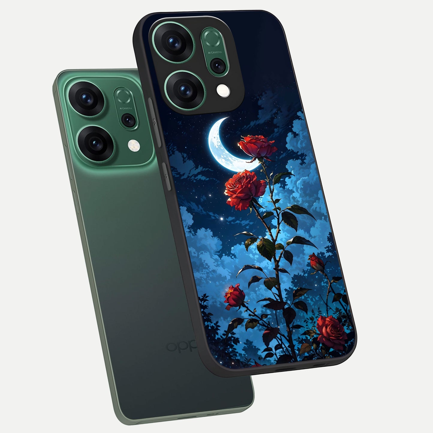  Crimson Rose Moon phone case For Oppo Reno 14 showing premium glass back cover with detailed artwork