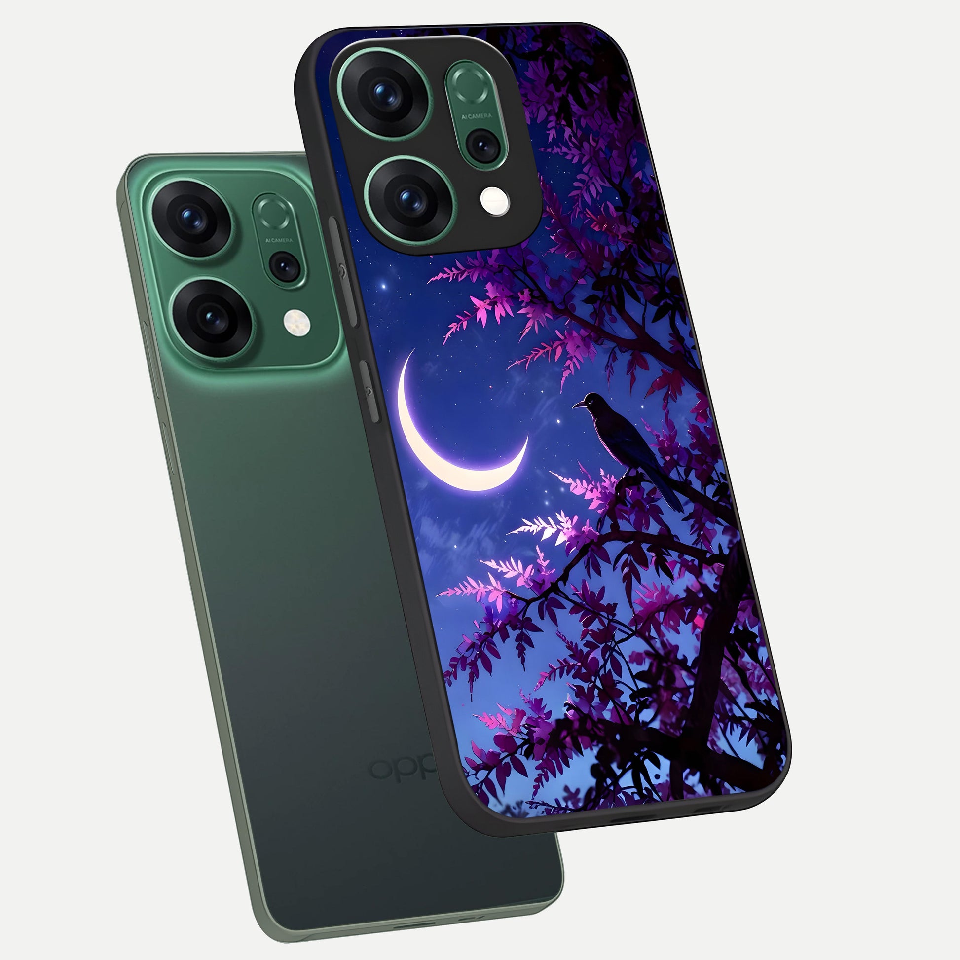  Crow And Moon Scenery phone case For Oppo Reno 14 showing premium glass back cover with detailed artwork