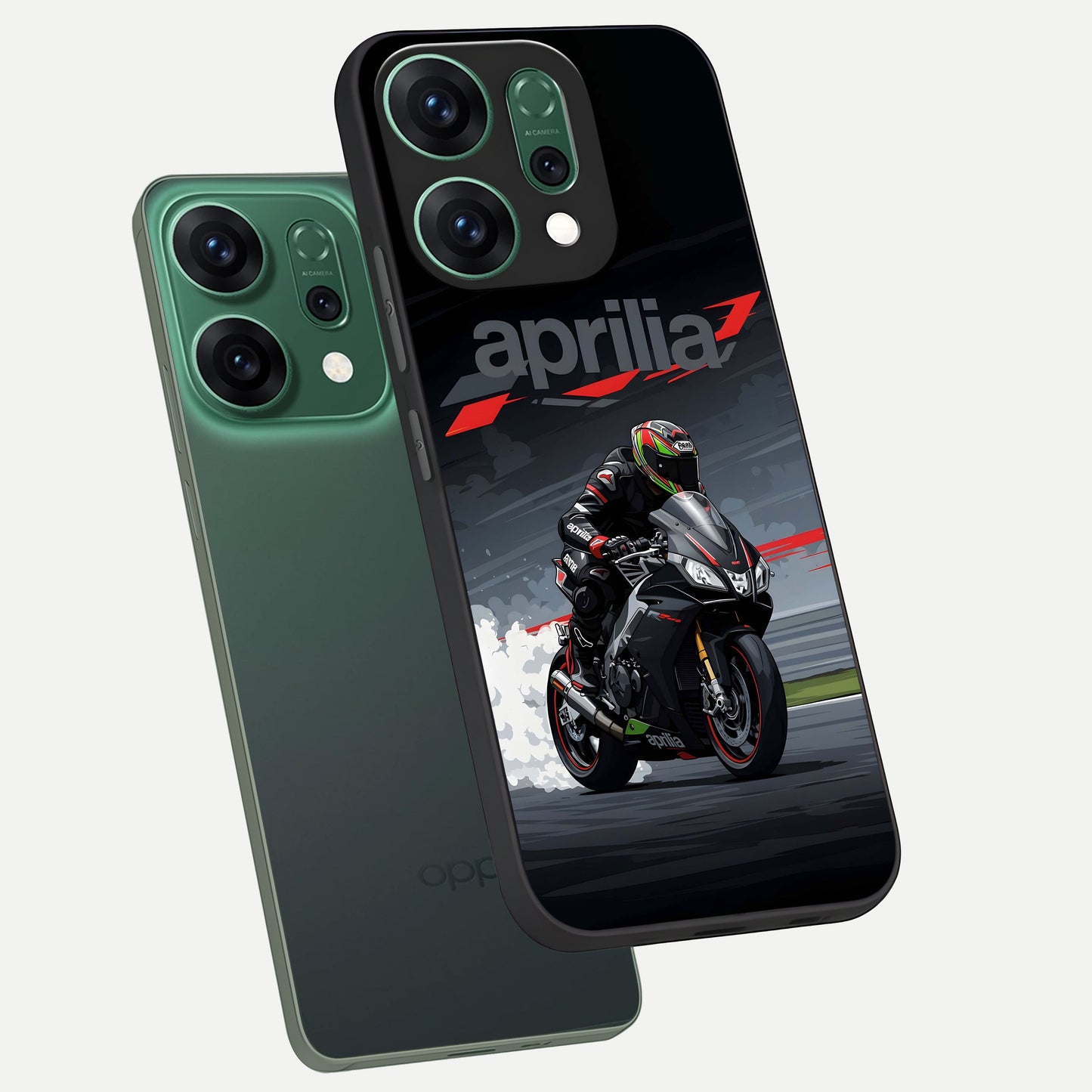  Dark Aprilla phone case For Oppo Reno 14 showing premium glass back cover with detailed artwork