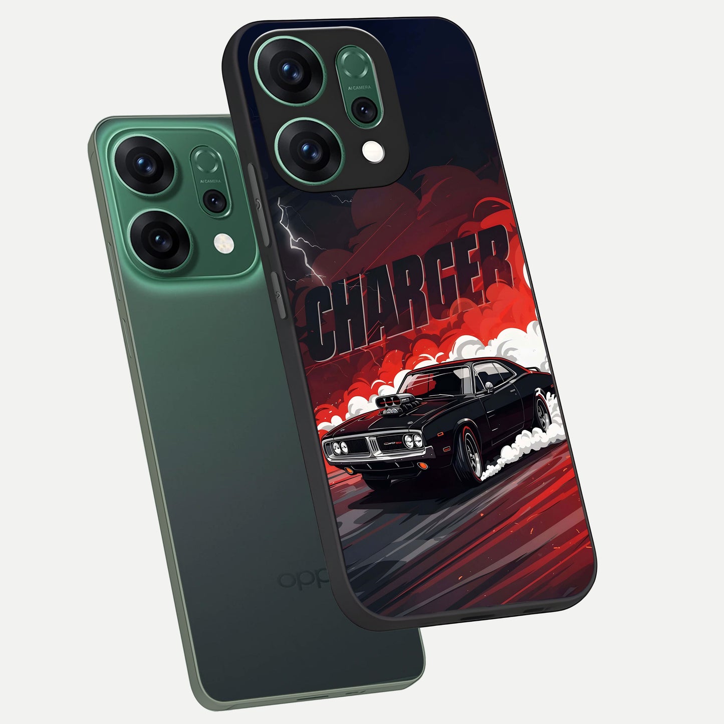  Dark Charger Fury phone case For Oppo Reno 14 showing premium glass back cover with detailed artwork
