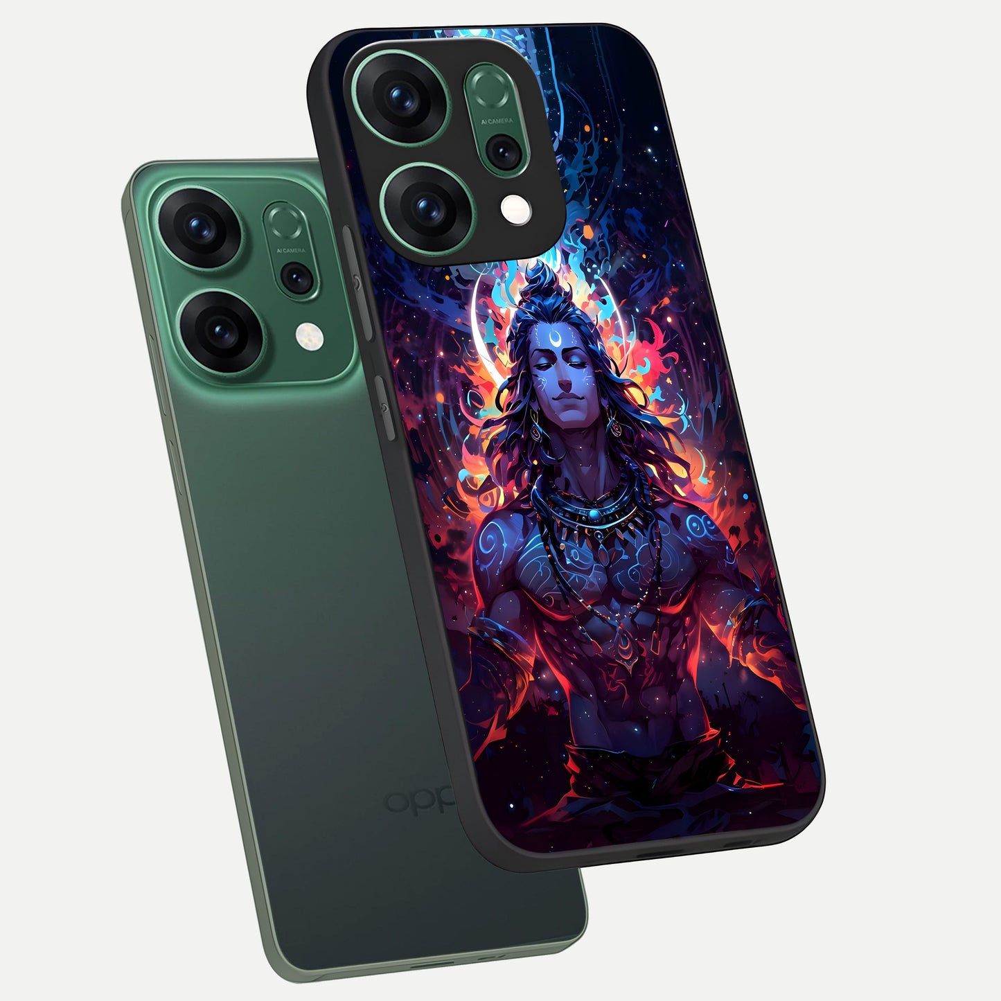  Divine Fire Shiv phone case For Oppo Reno 14 showing premium glass back cover with detailed artwork