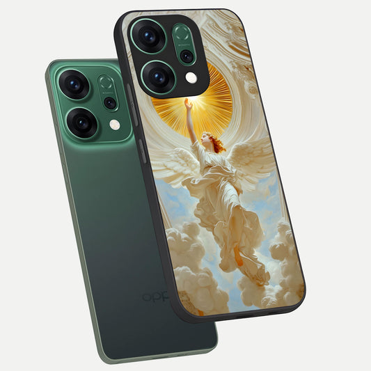  Divine Light Angel phone case For Oppo Reno 14 showing premium glass back cover with detailed artwork
