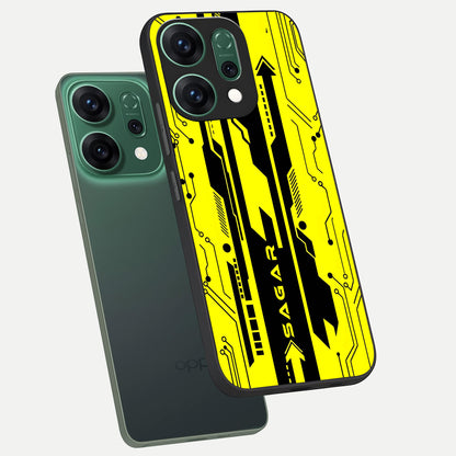  Electric Pulse CYBERPUNK Custom Name phone case For Oppo Reno 14 showing premium glass back cover with detailed artwork