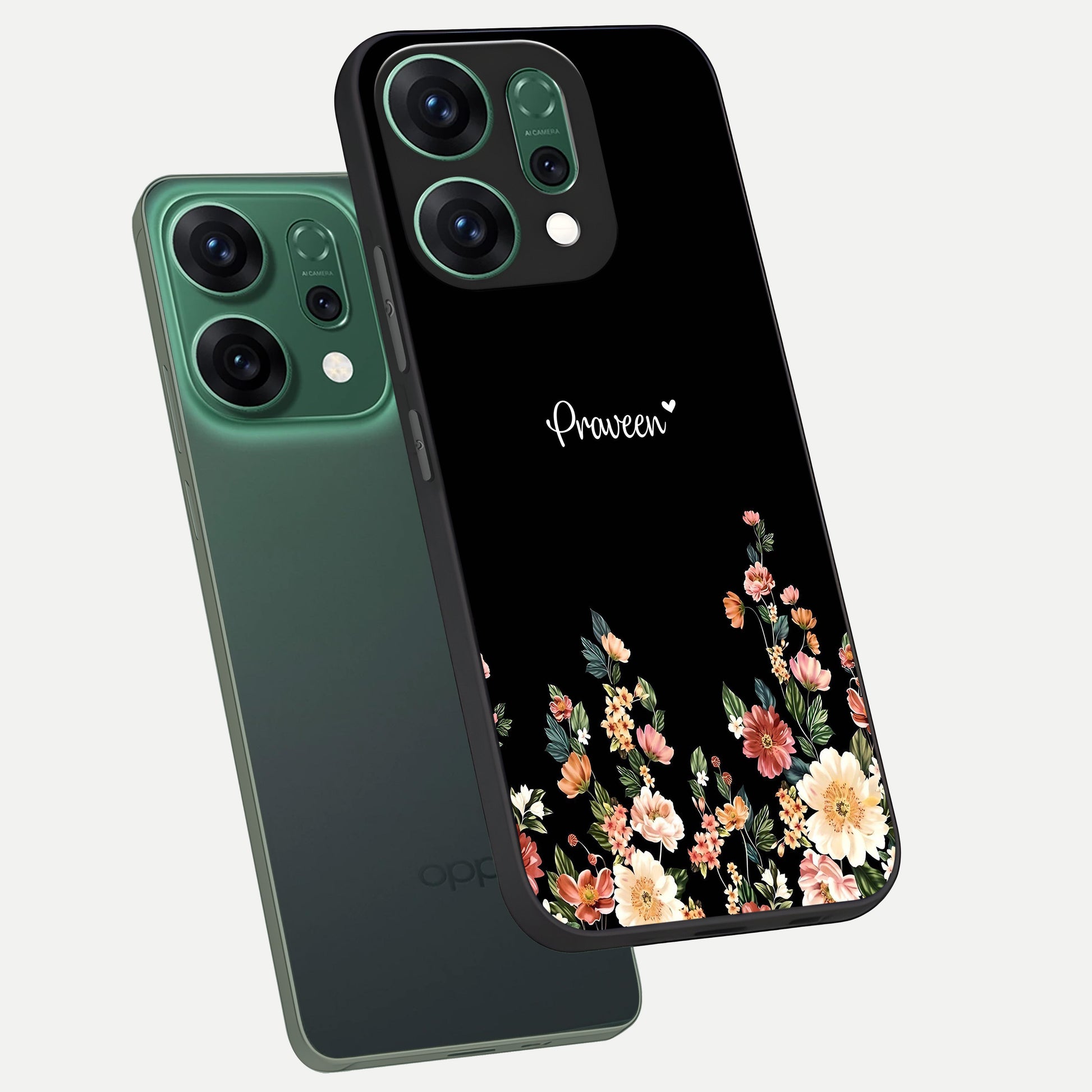  Floral Design Personalized Custom Name phone case For Oppo Reno 14 showing premium glass back cover with detailed artwork