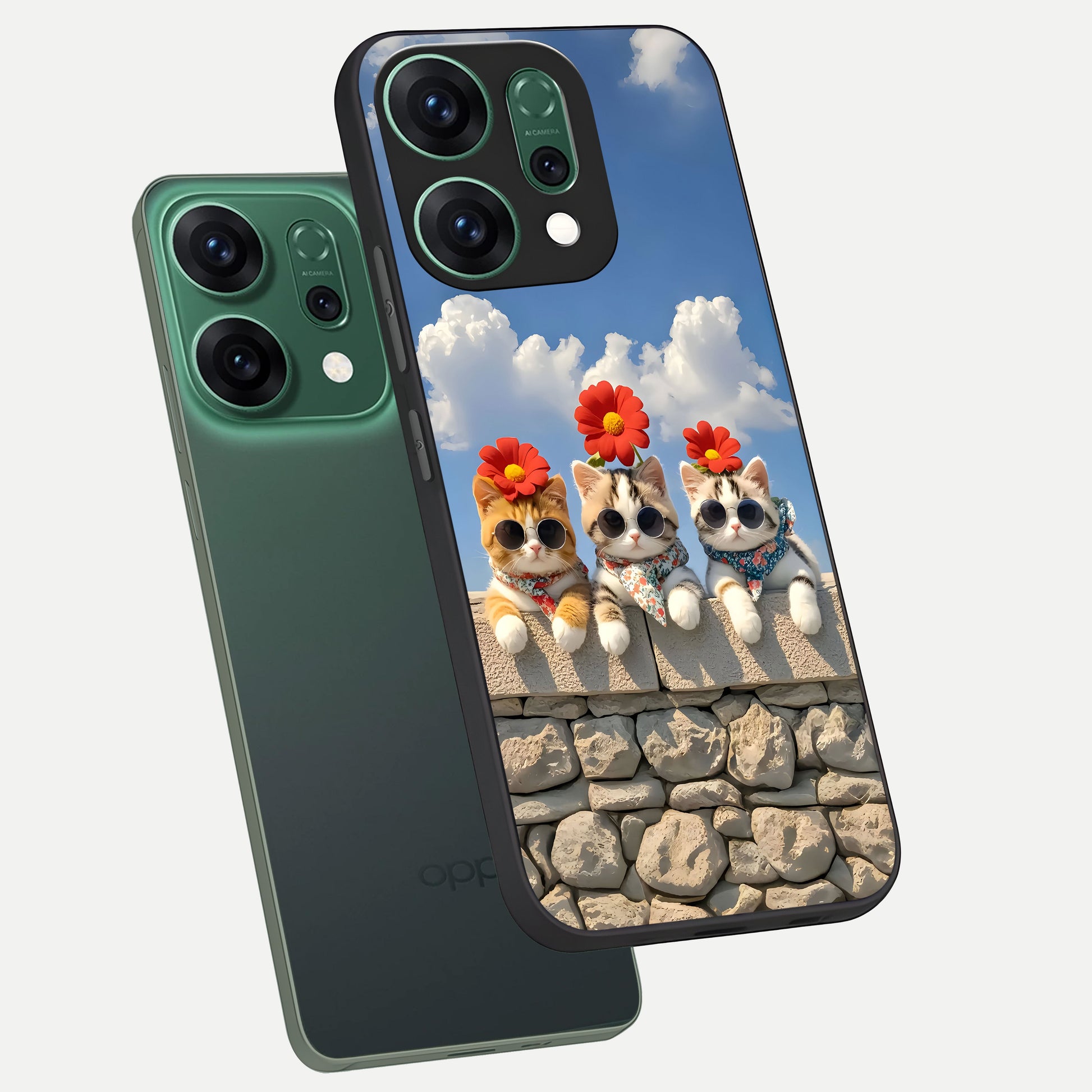  Floral Kitty Squad phone case For Oppo Reno 14 showing premium glass back cover with detailed artwork