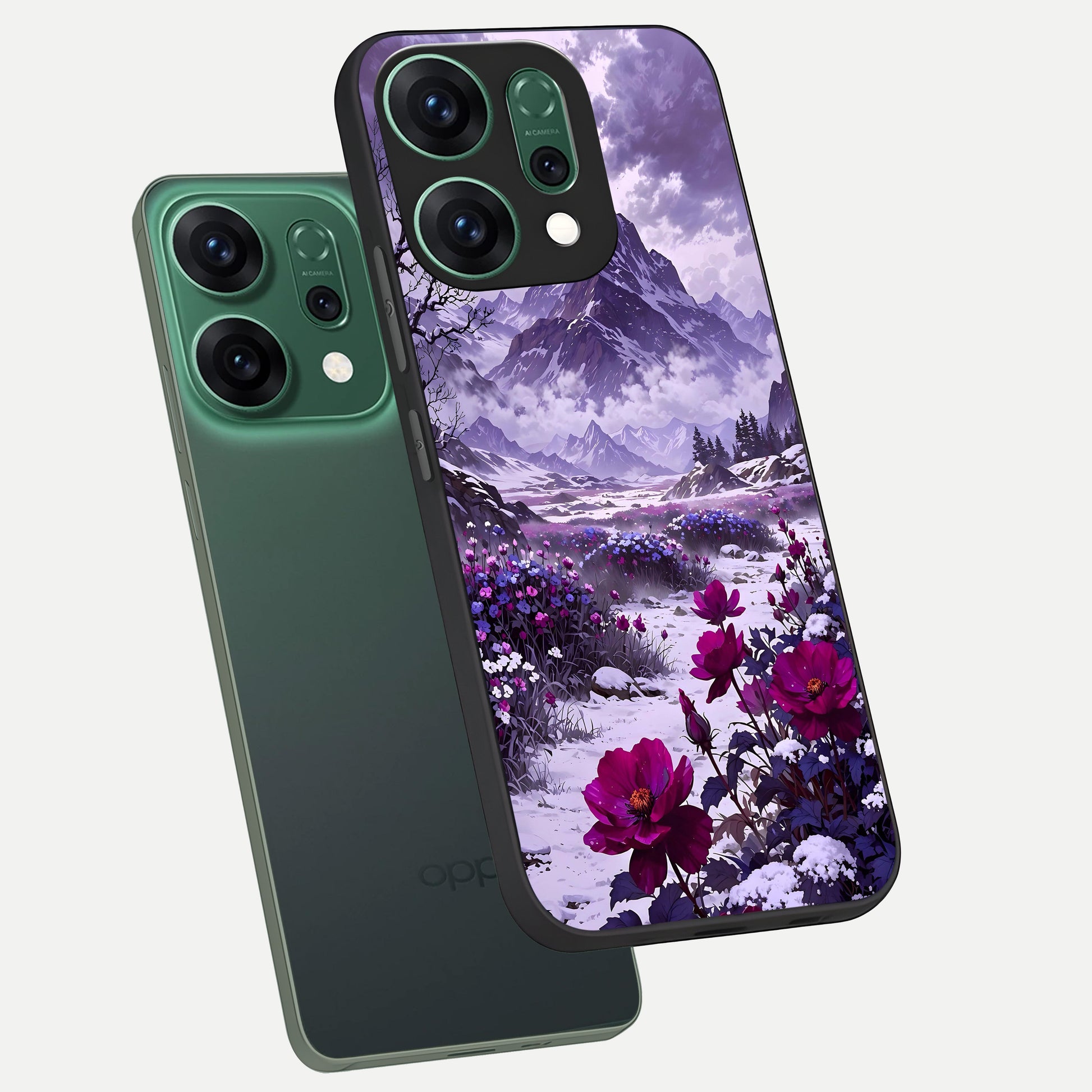  Flower Mountain View phone case For Oppo Reno 14 showing premium glass back cover with detailed artwork