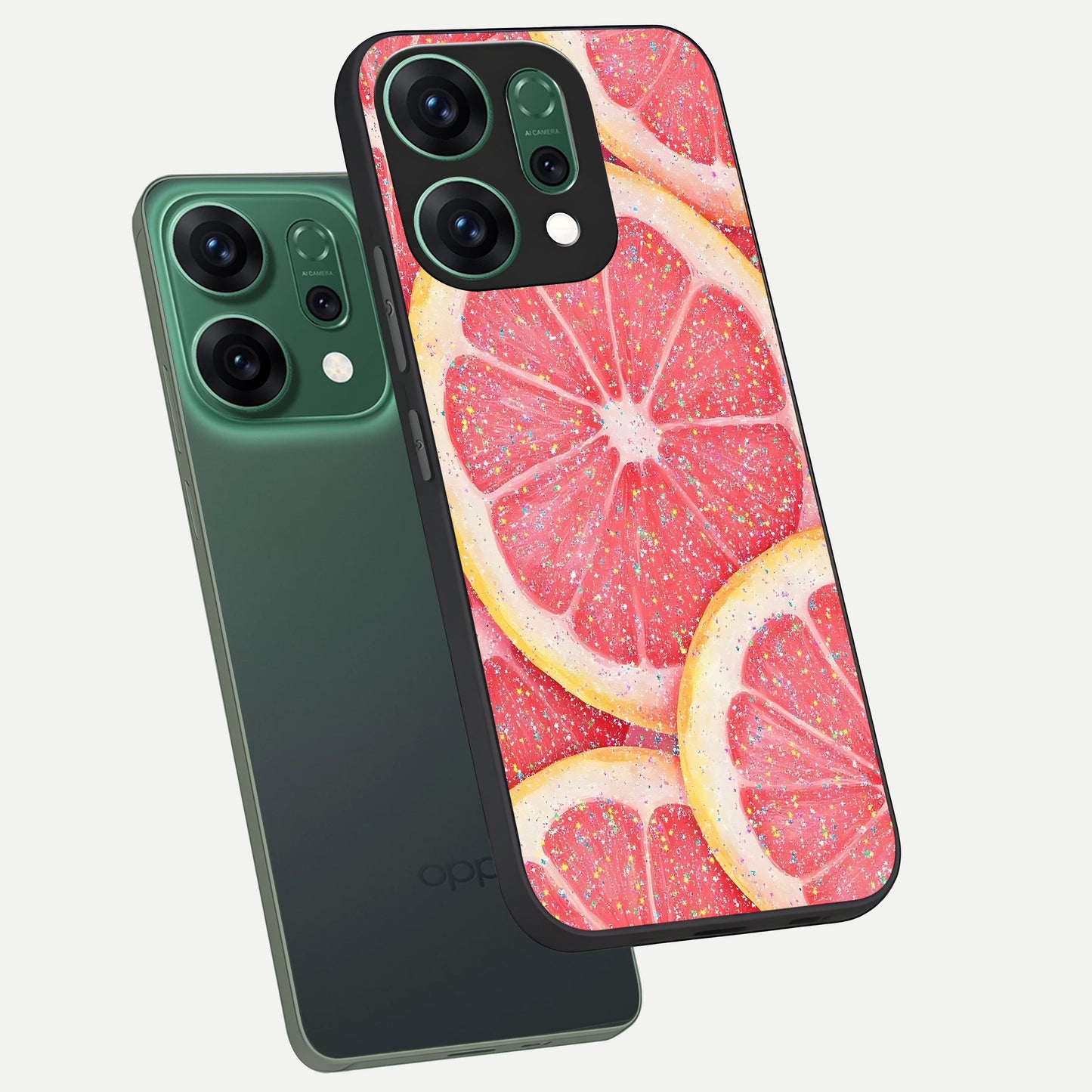  Glitter Grapefruit phone case For Oppo Reno 14 showing premium glass back cover with detailed artwork