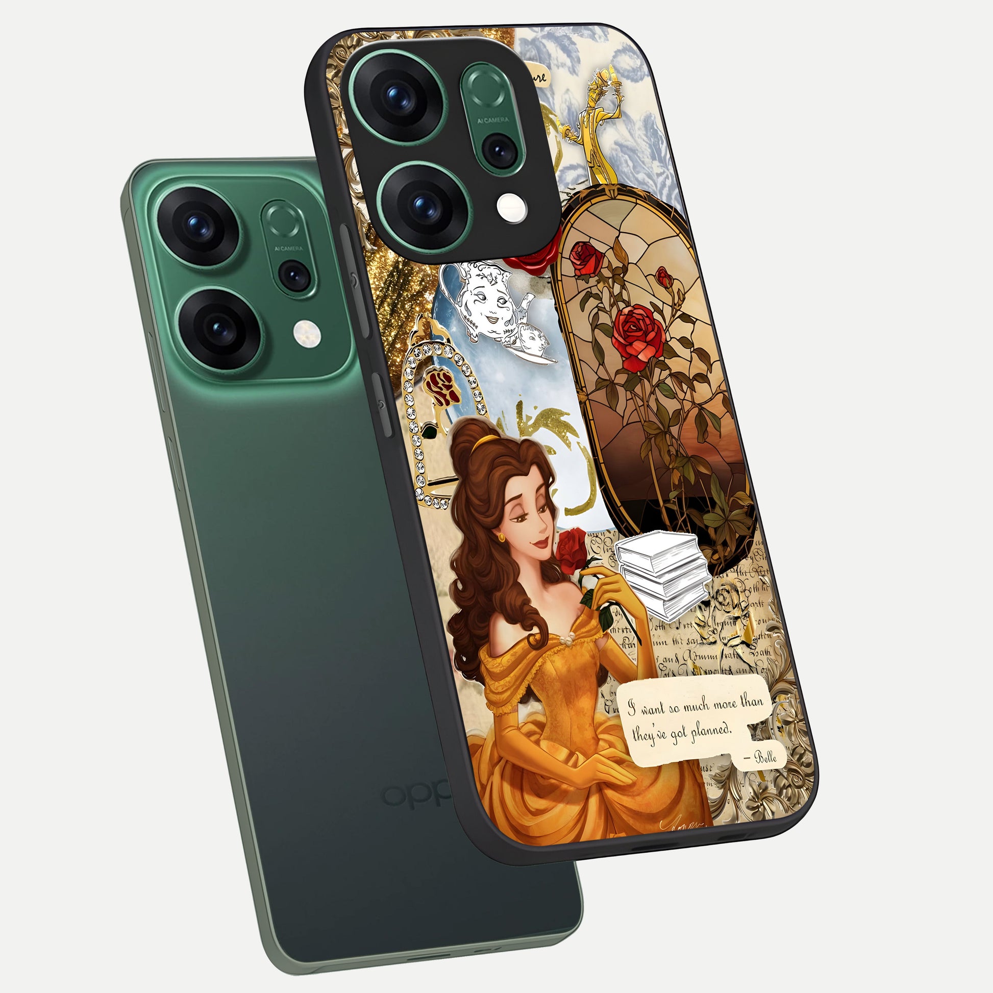  Golden Dream Belle phone case For Oppo Reno 14 showing premium glass back cover with detailed artwork