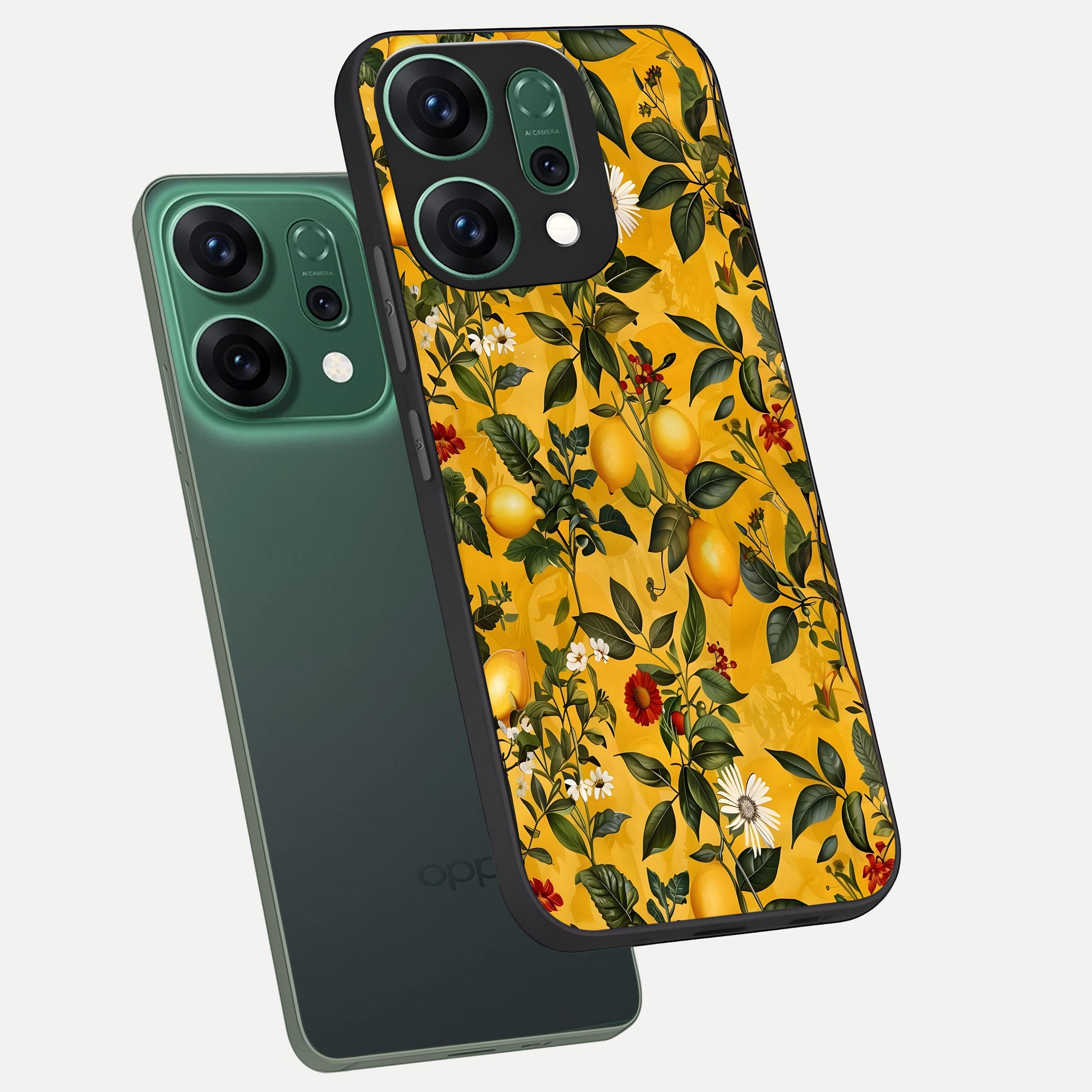  Golden Lemon Field phone case For Oppo Reno 14 showing premium glass back cover with detailed artwork